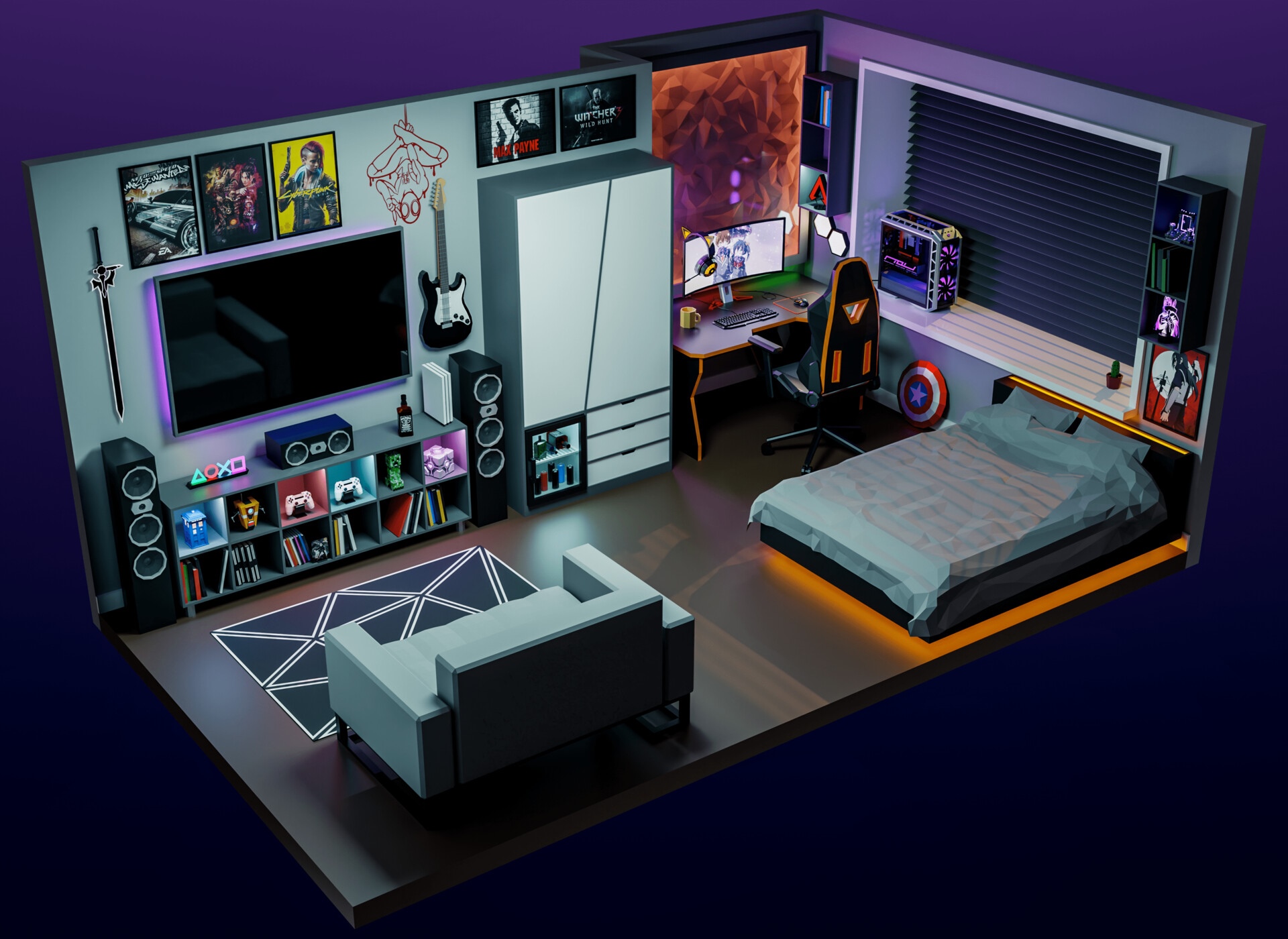 Gamer Bedroom with Bed, Desk, and Entertainment Center HD Wallpaper