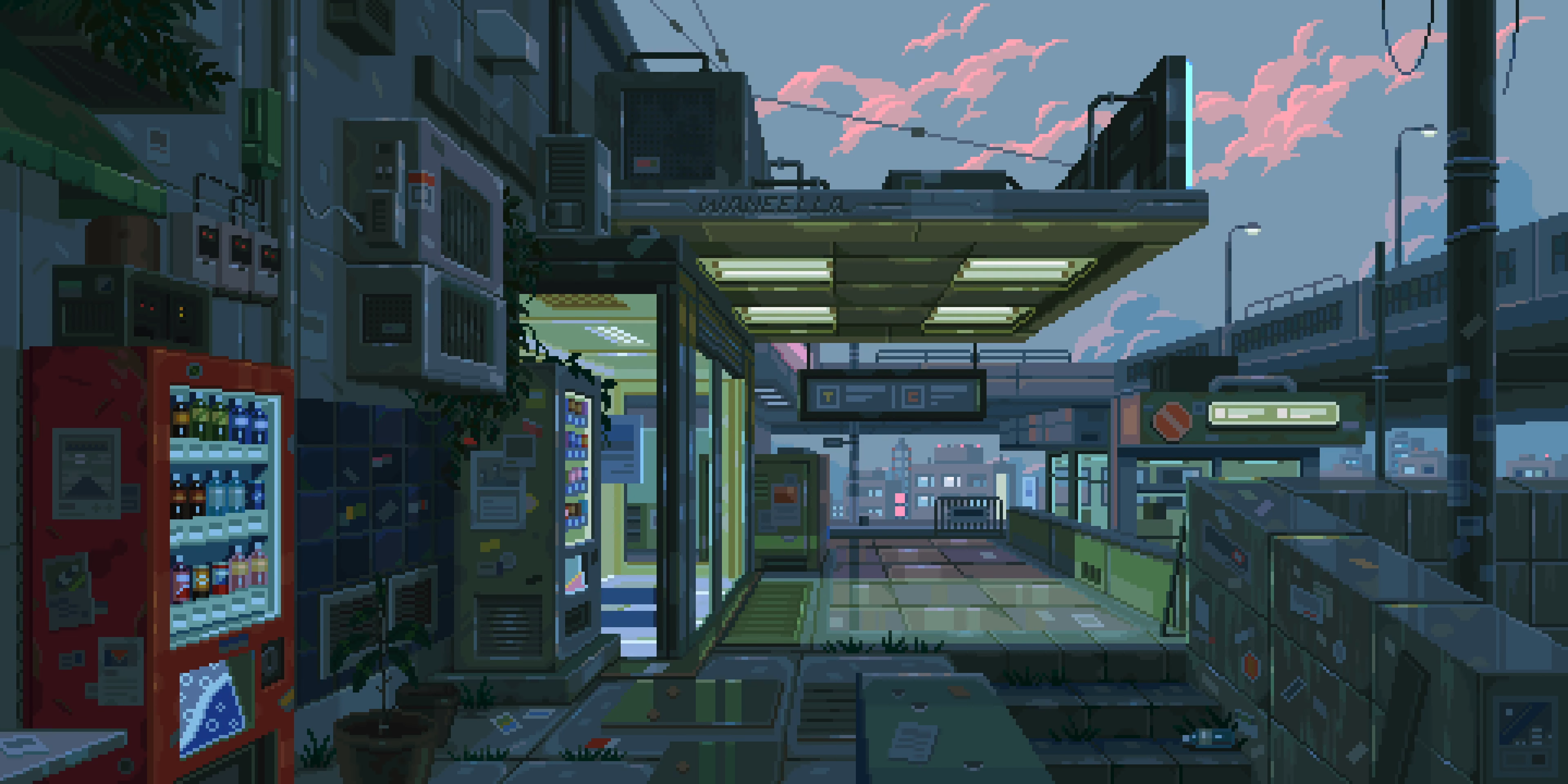 Pixel art cyberpunk city street with vending machines HD Wallpaper