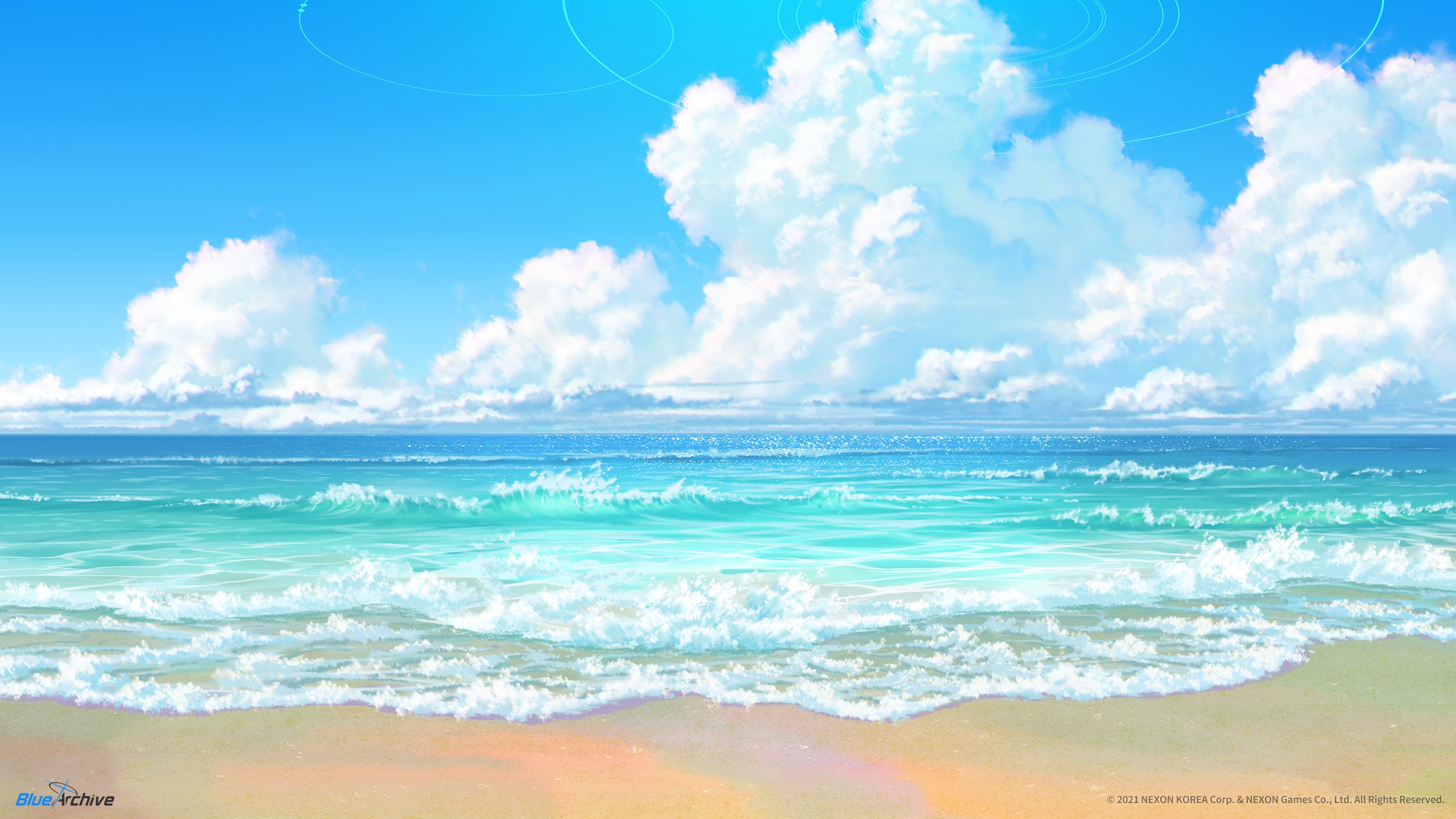 Blue Archive Beach with Waves and Clouds HD Wallpaper