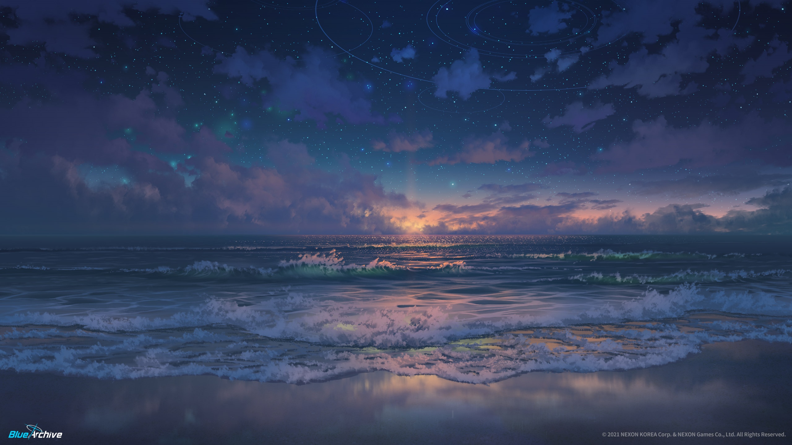 Blue Archive: Ocean Sunset with Stars HD Wallpaper