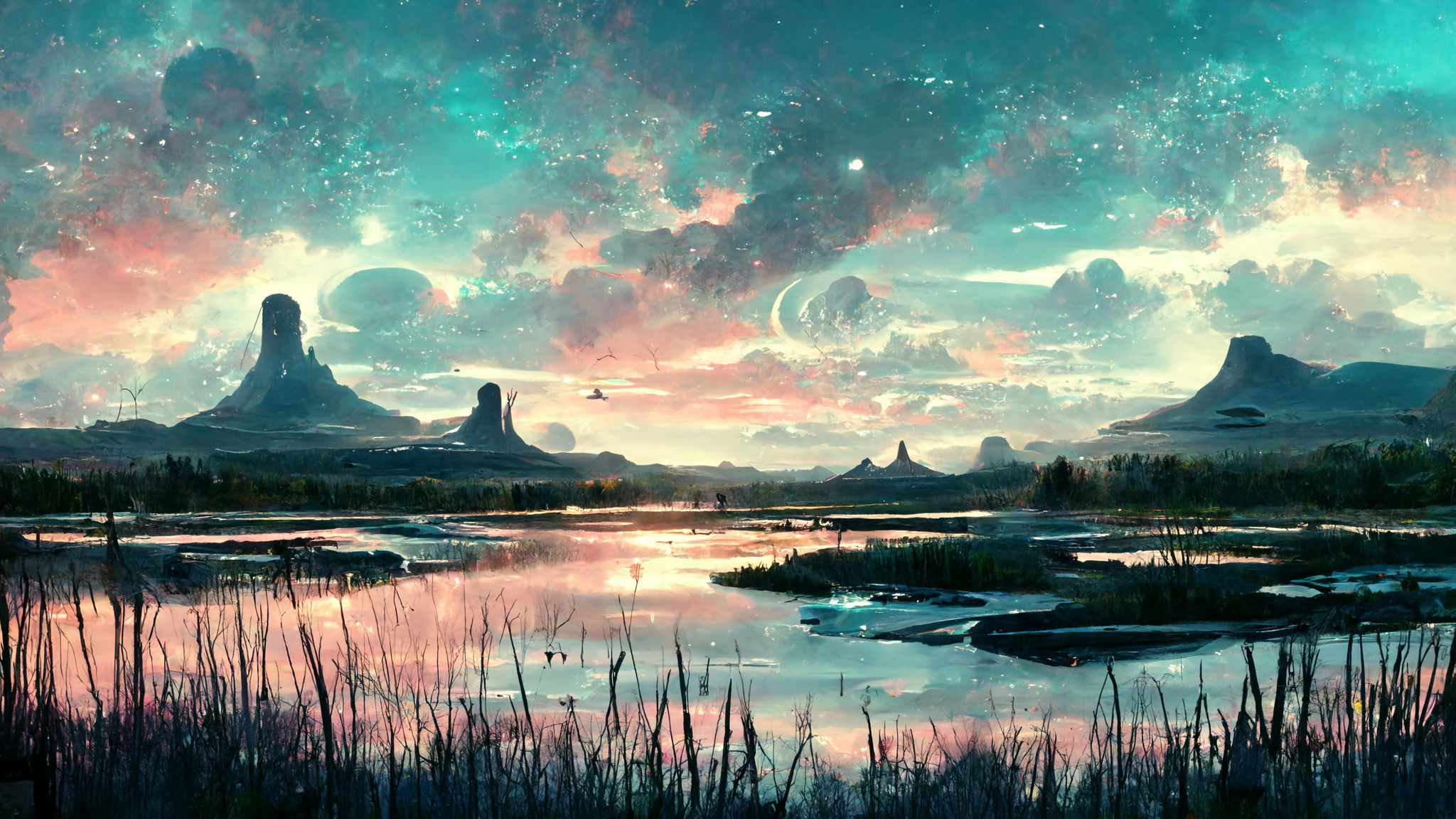 Alien planet landscape with strange rock formations and a colorful sky HD Wallpaper