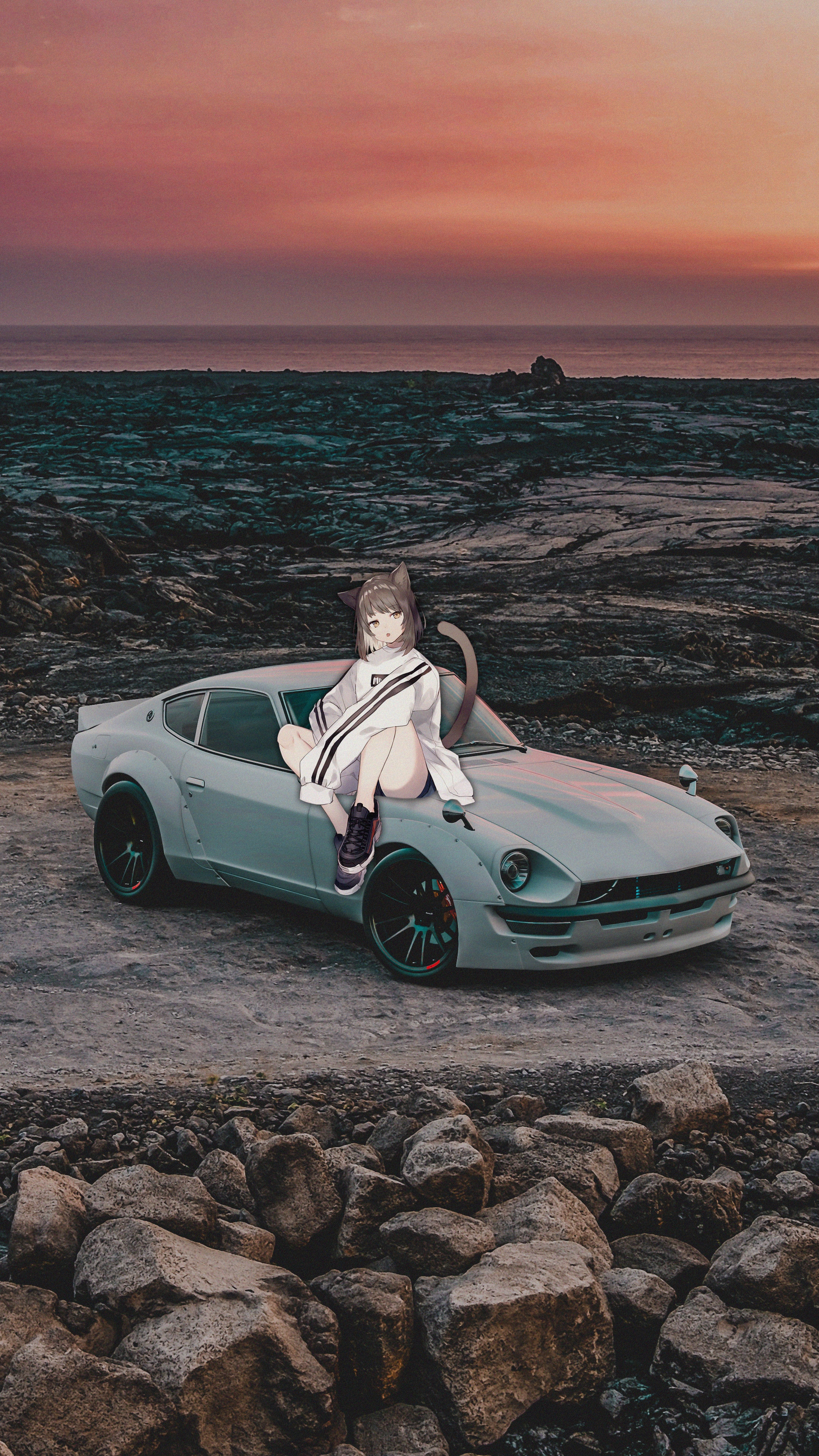 Anime girl with cat ears sitting on a Nissan Fairlady Z HD Phone Wallpaper