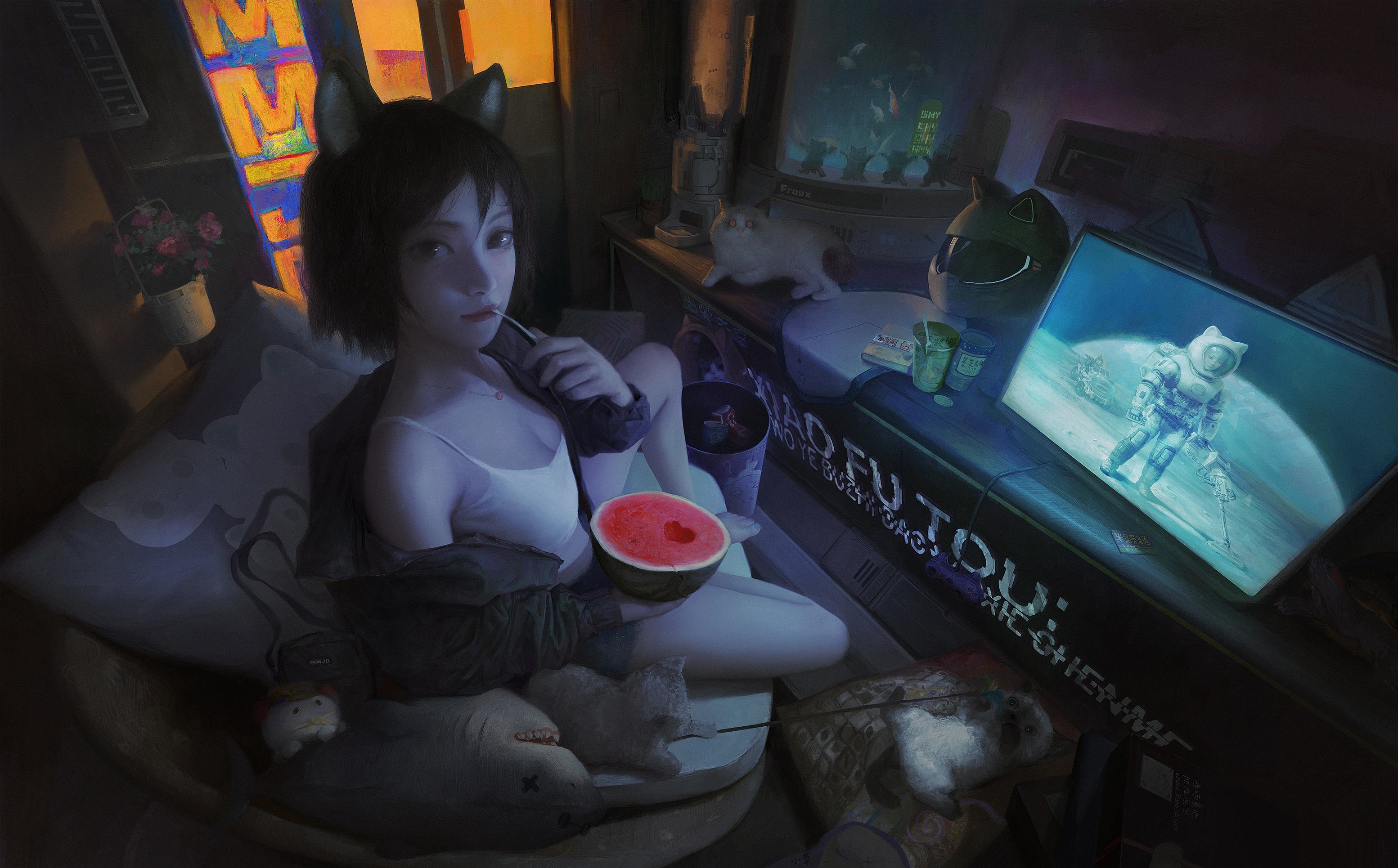 Woman with cat ears eating watermelon indoors HD Wallpaper