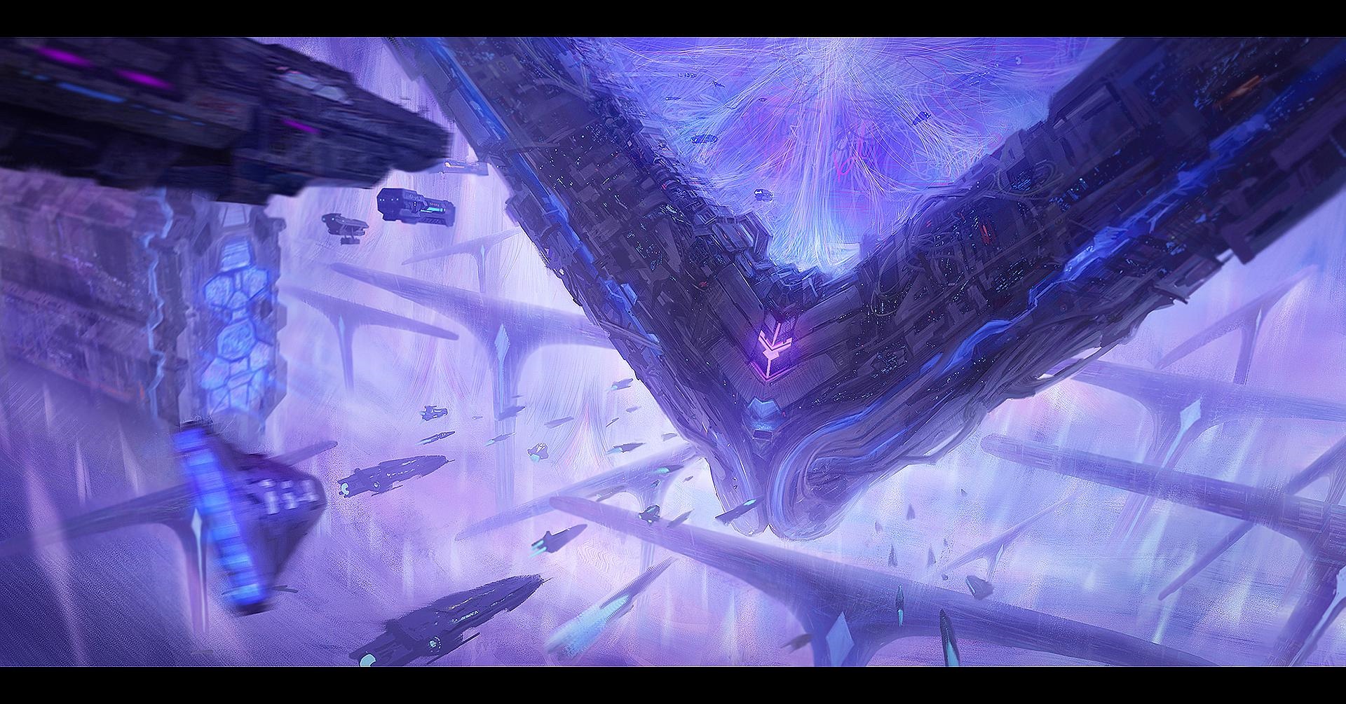 Alien spaceships and structures in a purple nebula HD Wallpaper
