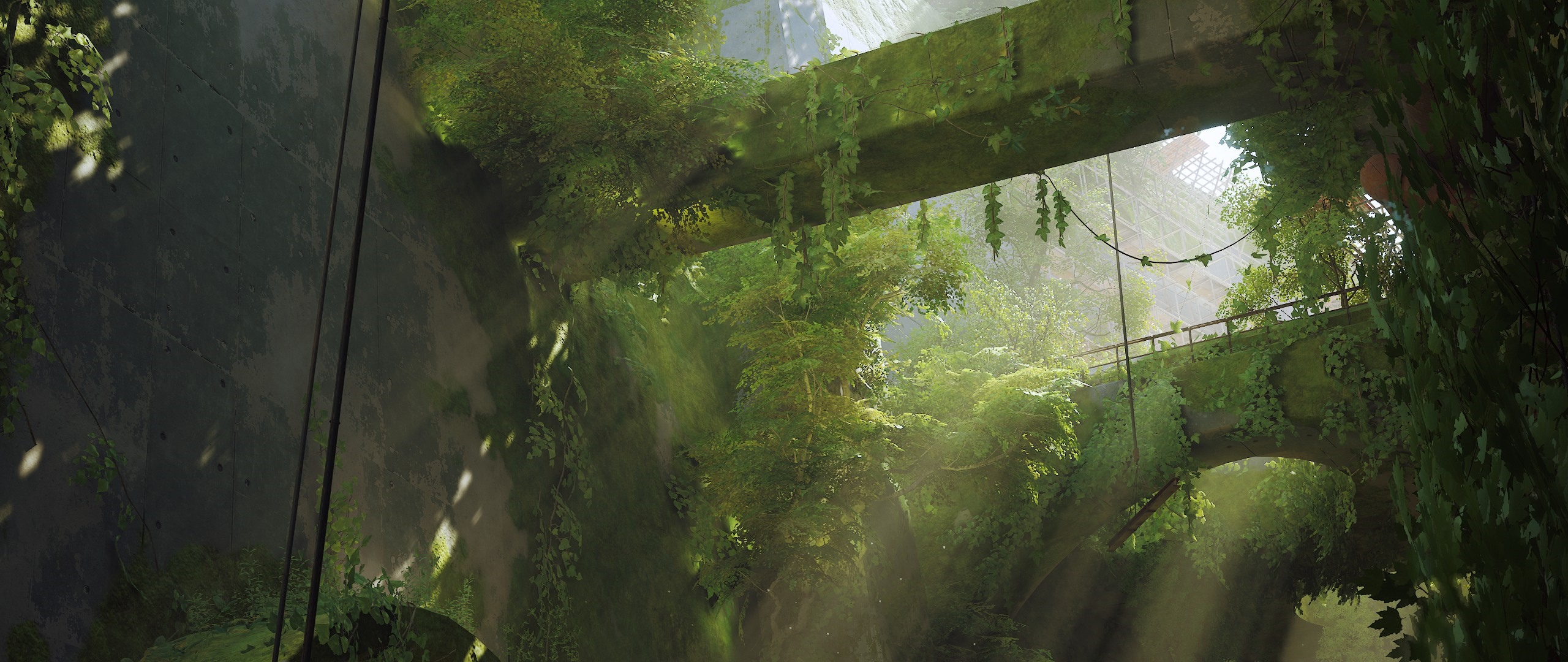 Stray video game environment with overgrown structures HD Wallpaper
