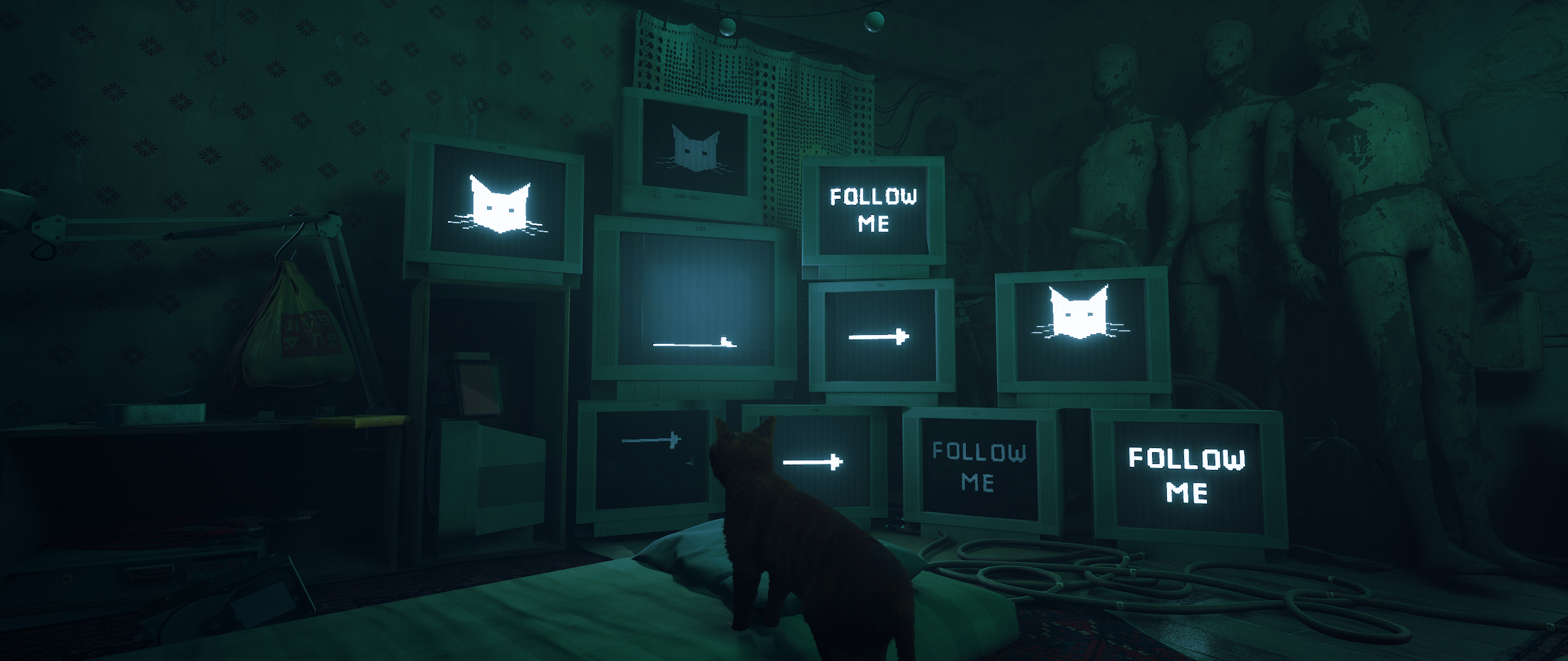 Stray: Cat and Monitors with "Follow Me" HD Wallpaper