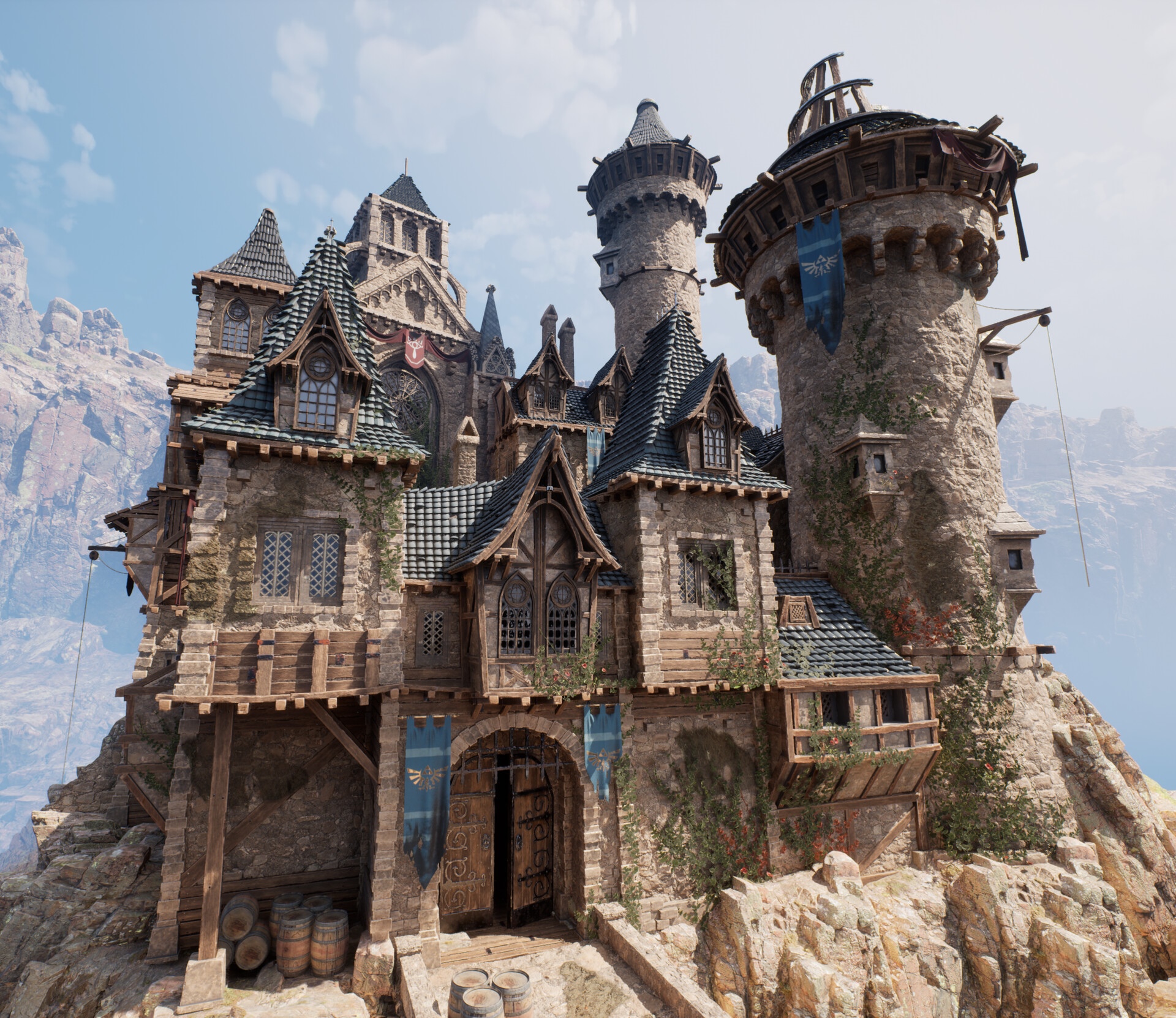 Fantasy castle on a rocky cliffside HD Wallpaper