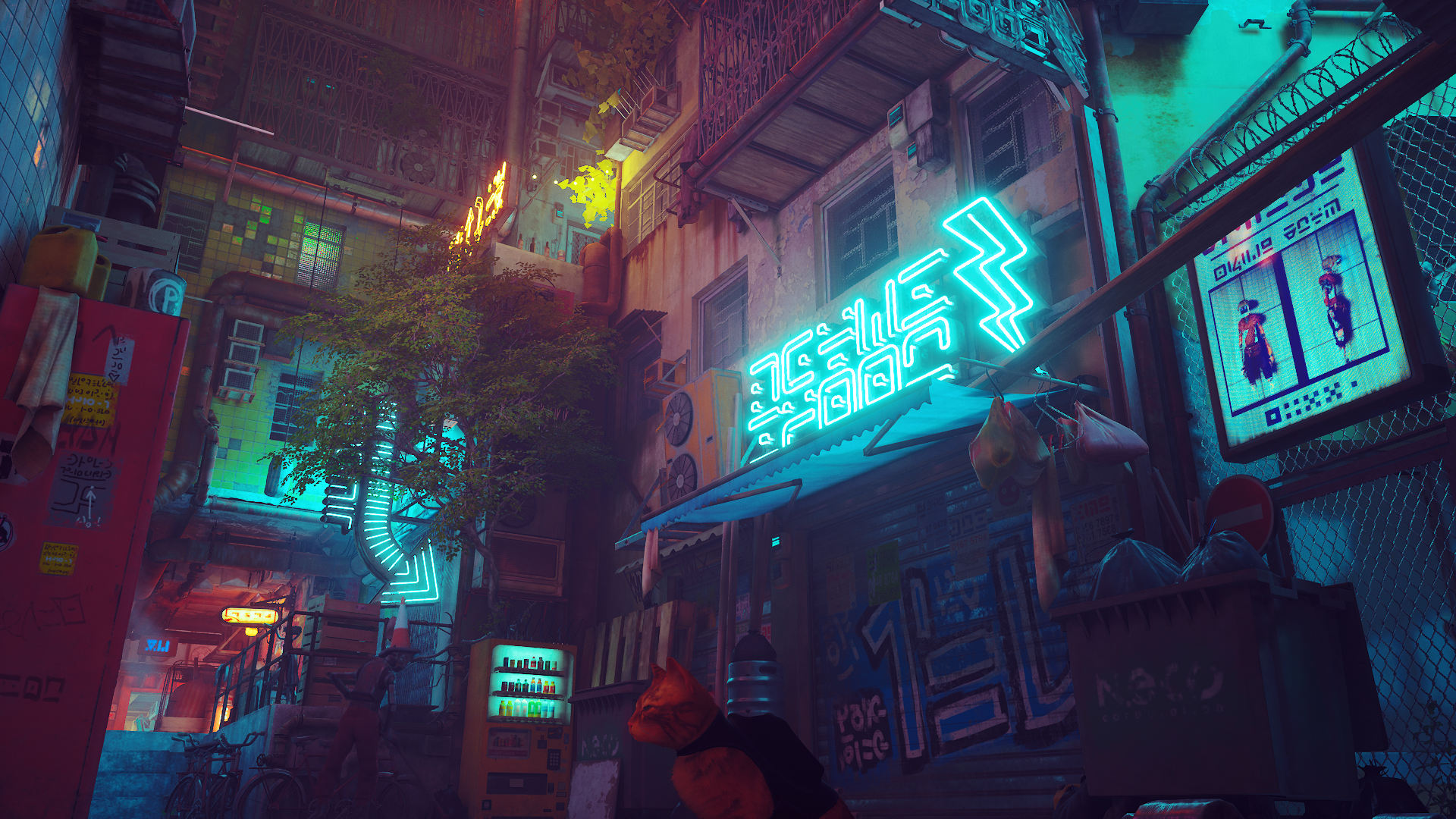 Stray cyberpunk alleyway with neon signs HD Wallpaper