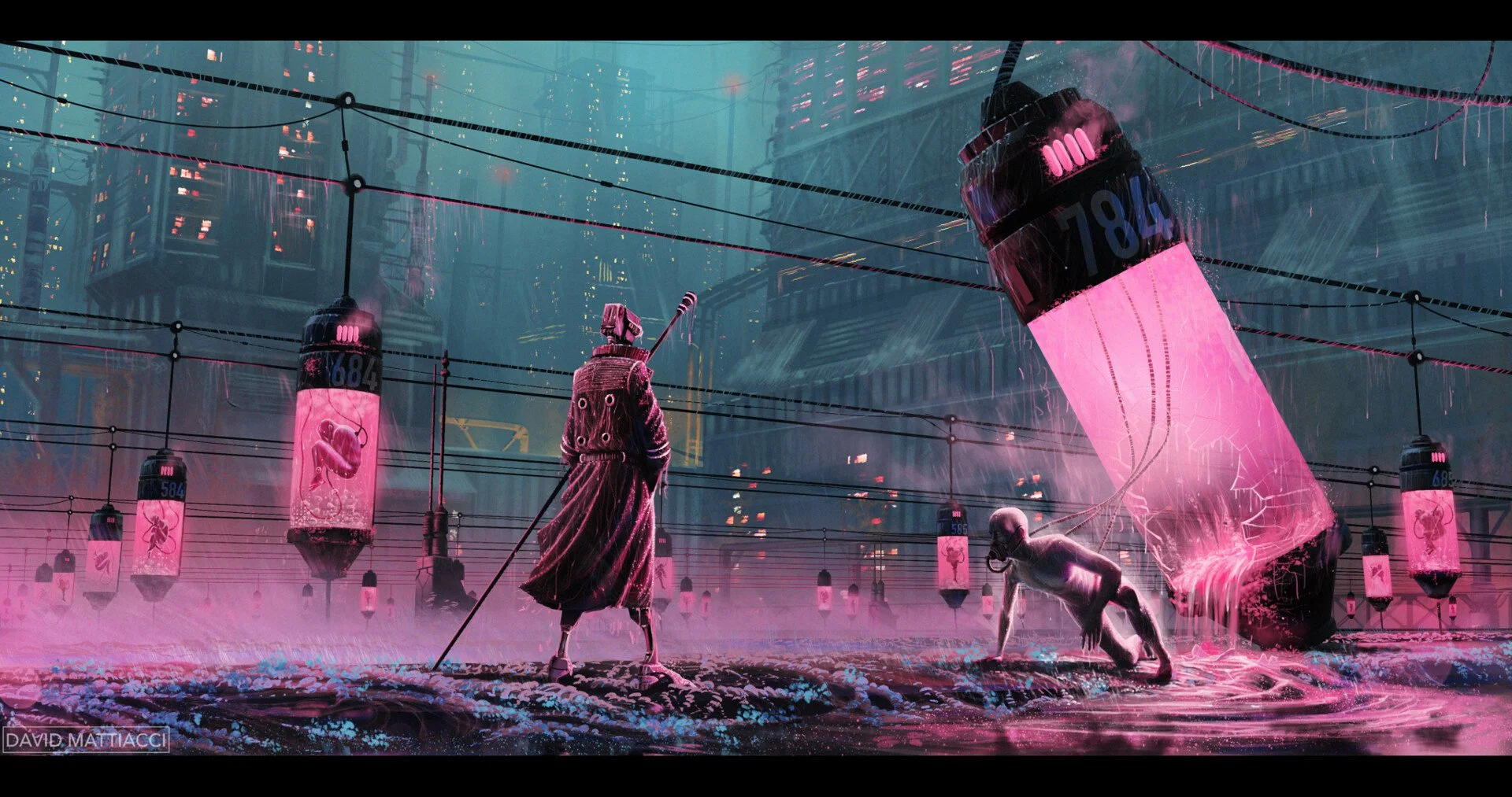 Cyberpunk scene with figures in glowing pods HD Wallpaper