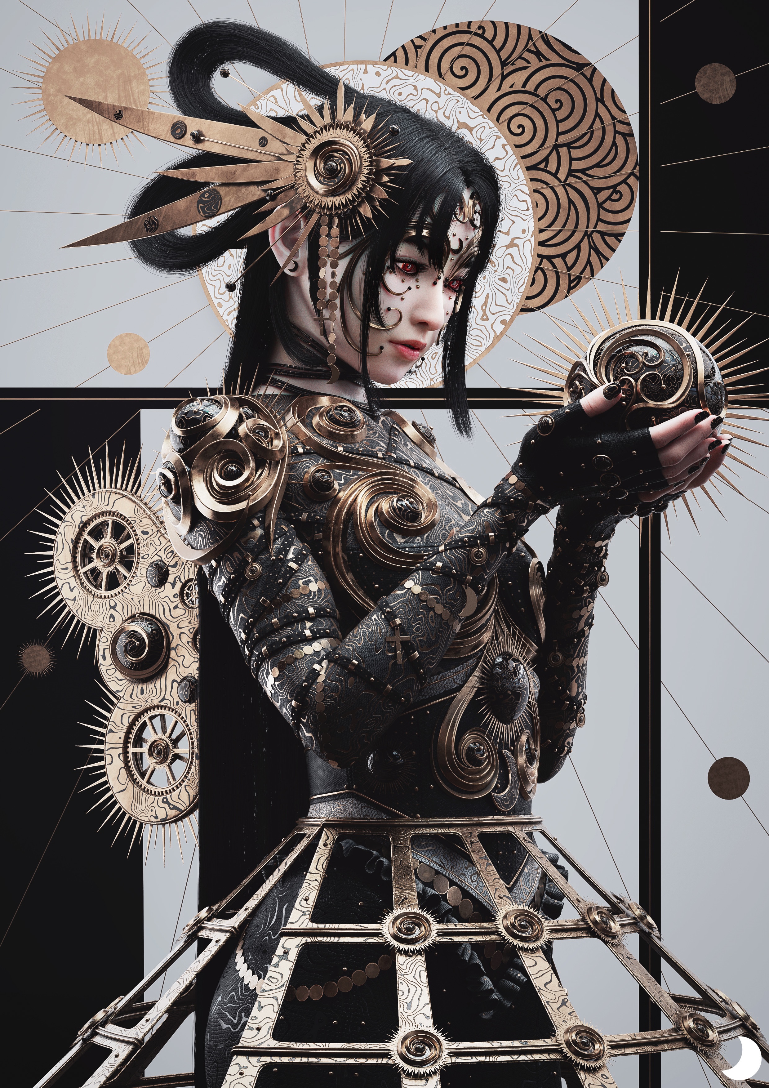 Fantasy girl with mechanical doll armor holding a ball HD Phone Wallpaper