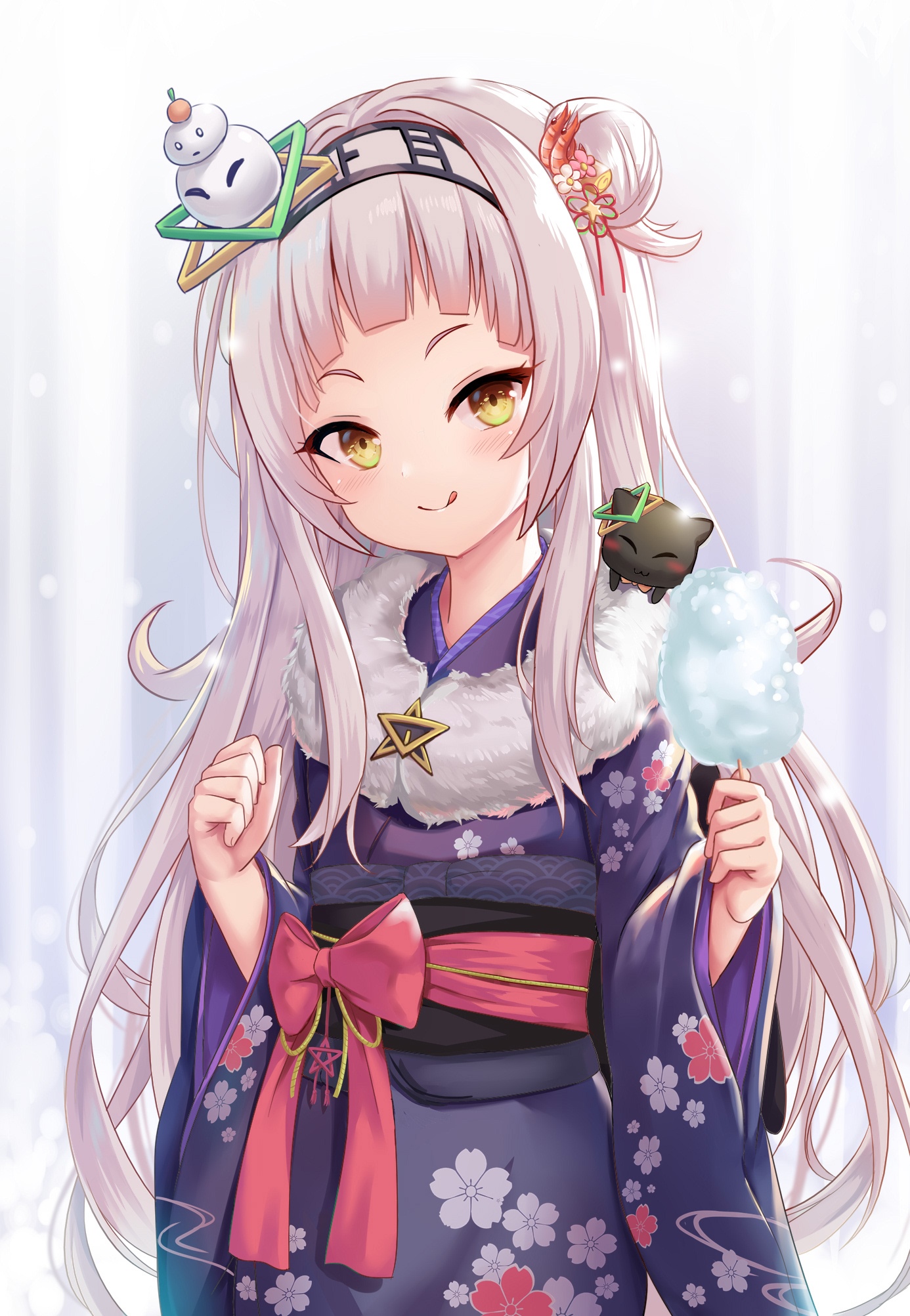 Girl in Japanese Kimono Holding Cotton Candy HD Phone Wallpaper