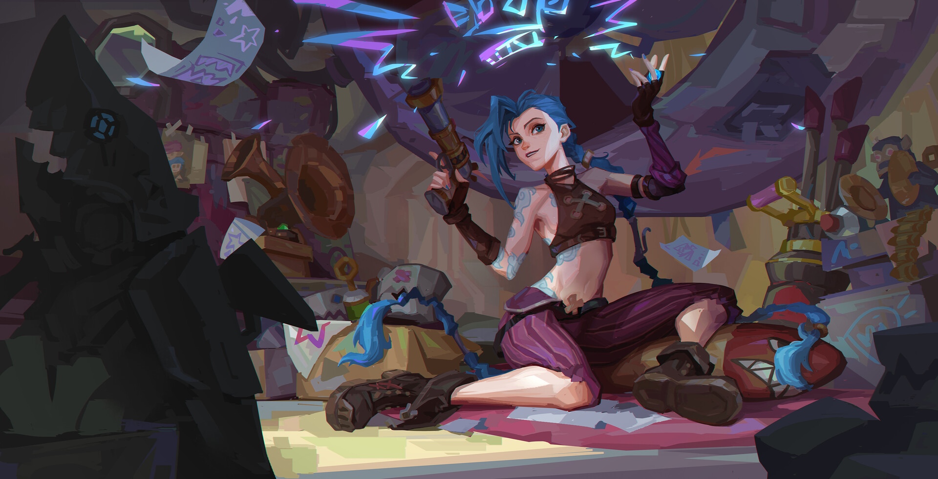 Jinx from League of Legends with her weapons HD Wallpaper
