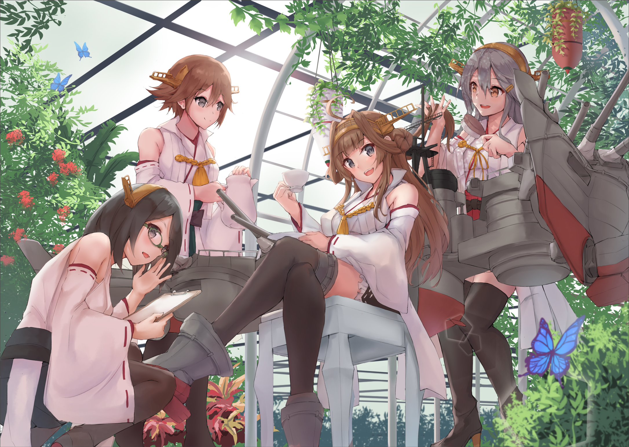 Kantai Collection characters Haruna, Kongou, Kirishima, and Hiei in a greenhouse HD Wallpaper