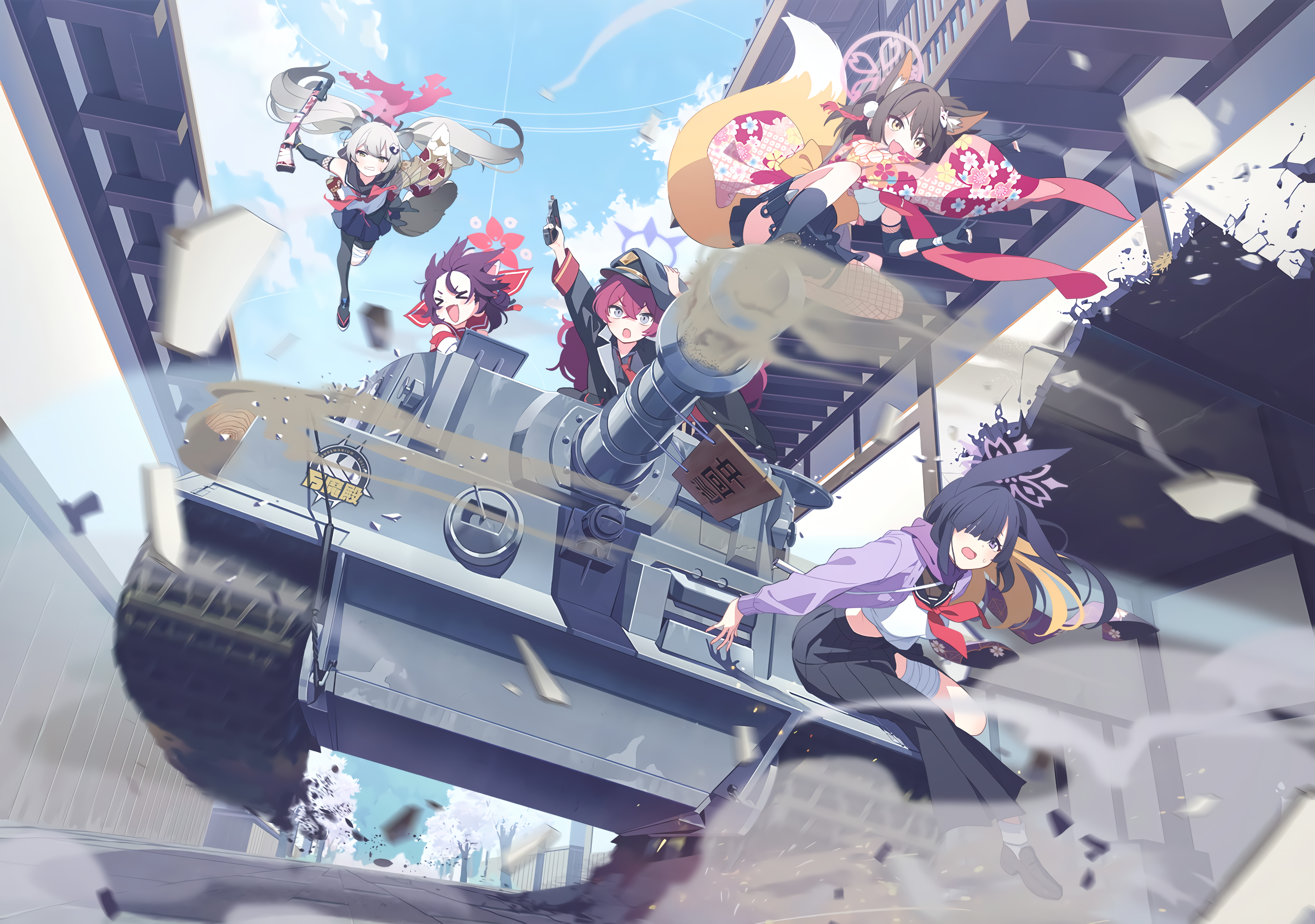 Blue Archive: Iroha, Kaede, and Kuda Izuna on a Tank HD Wallpaper