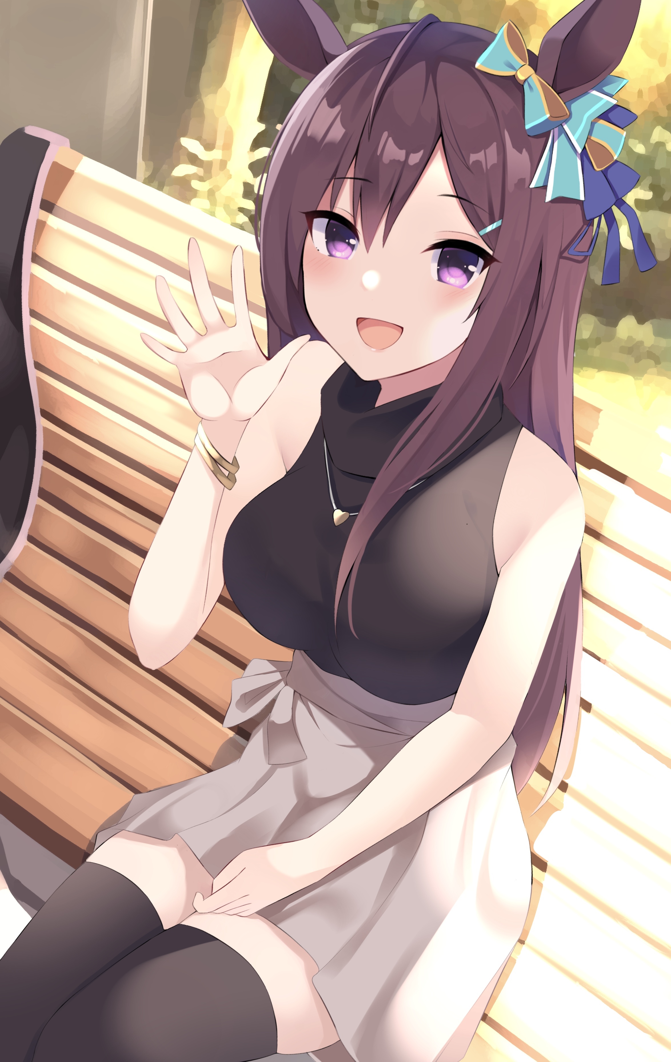 Mejiro Dober from Uma Musume Pretty Derby sitting on a bench HD Phone Wallpaper