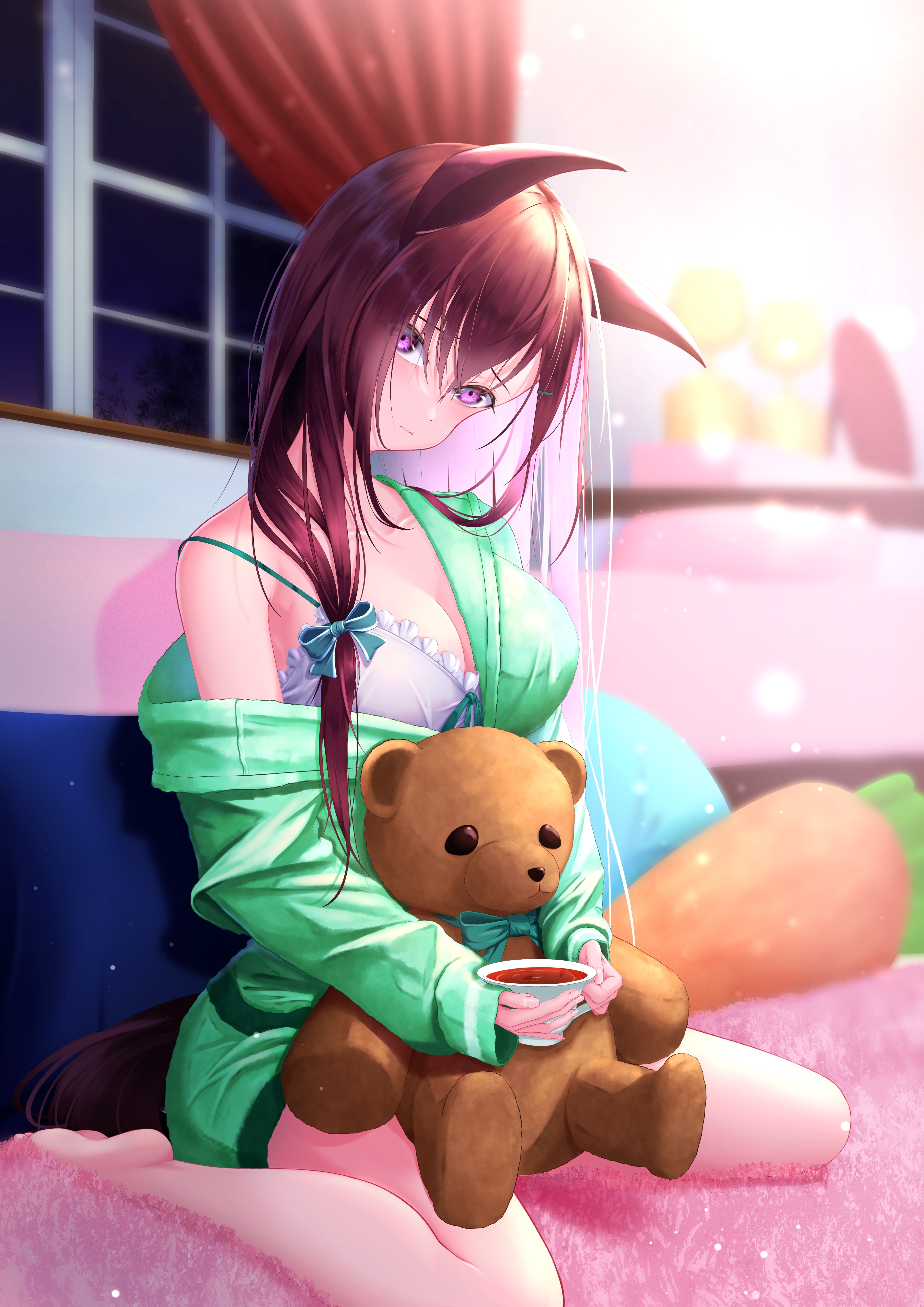 Mejiro Dober with Teddy Bear and Tea HD Phone Wallpaper
