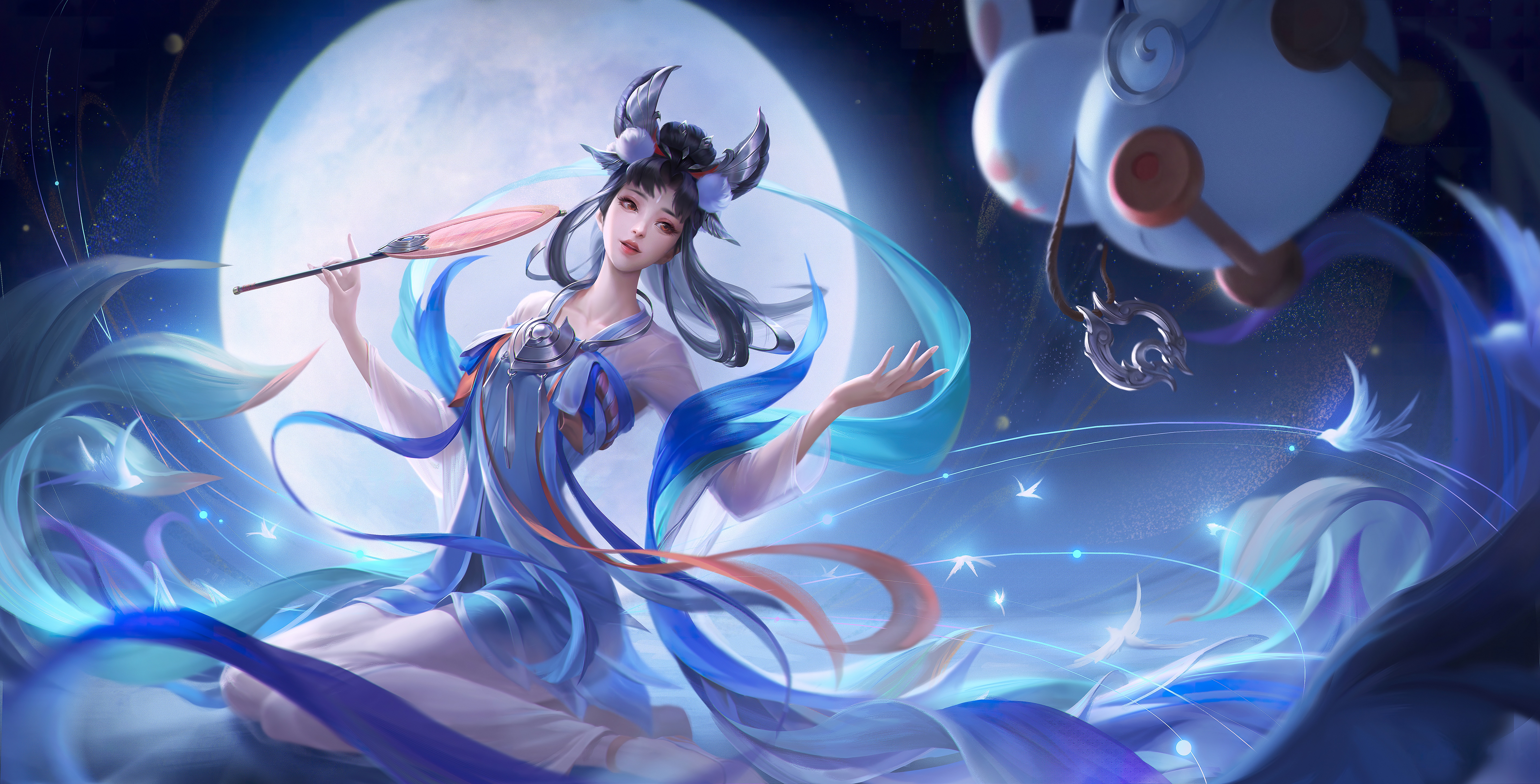 Fantasy girl with blue dress and moon HD Wallpaper