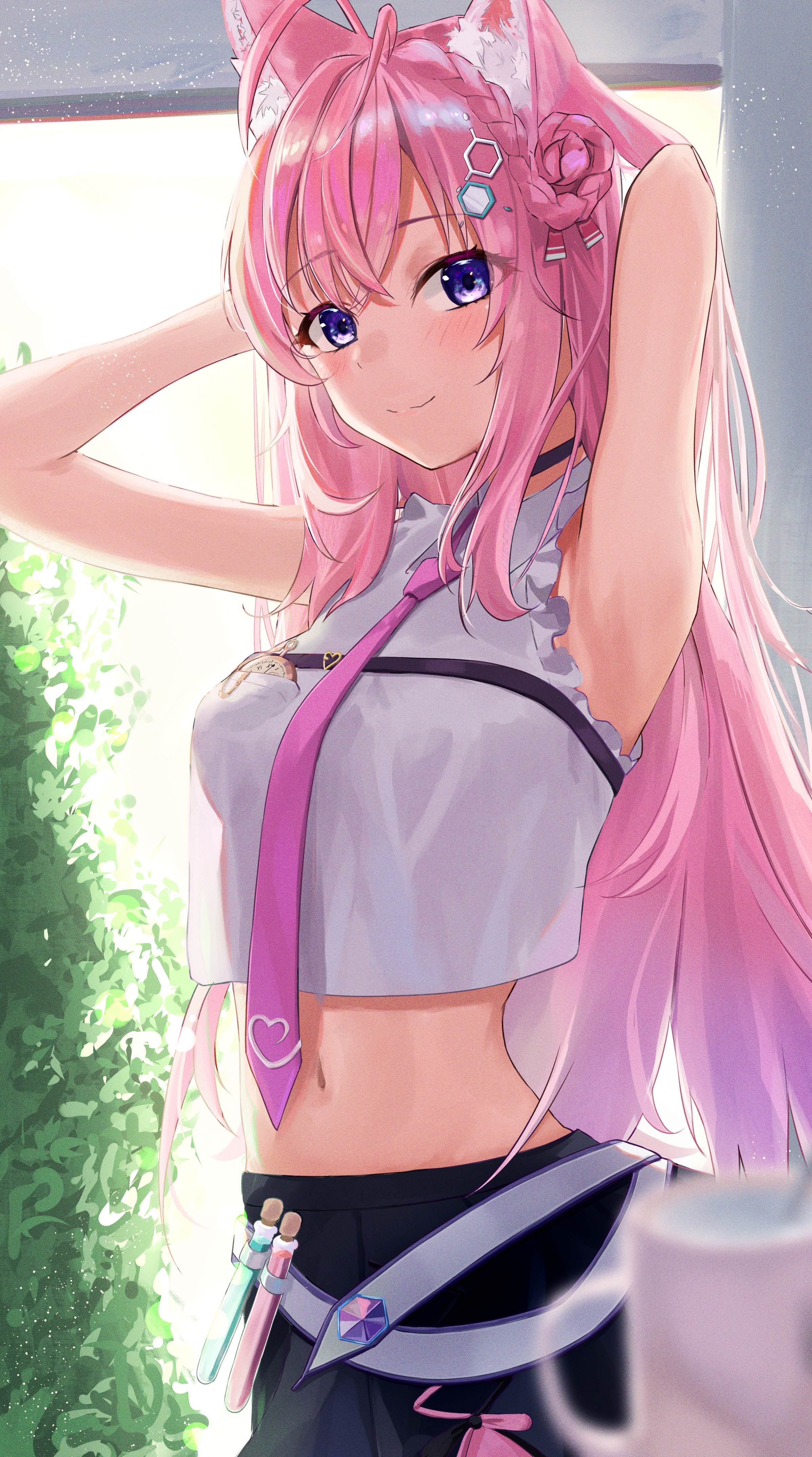 Hakui Koyori fan art with pink hair and animal ears HD Phone Wallpaper