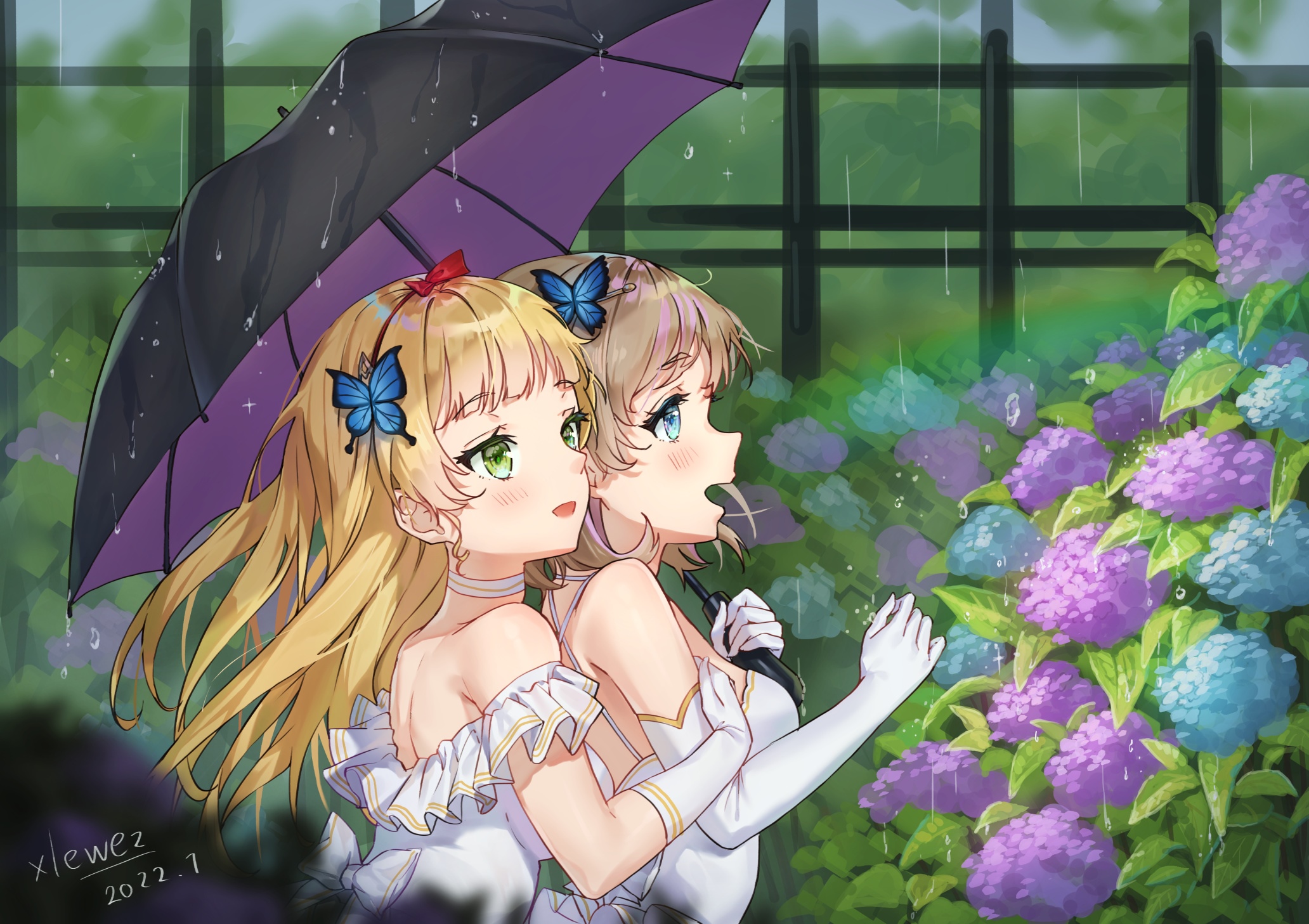 Heanna Sumire and Tang Keke under an umbrella in the rain HD Wallpaper