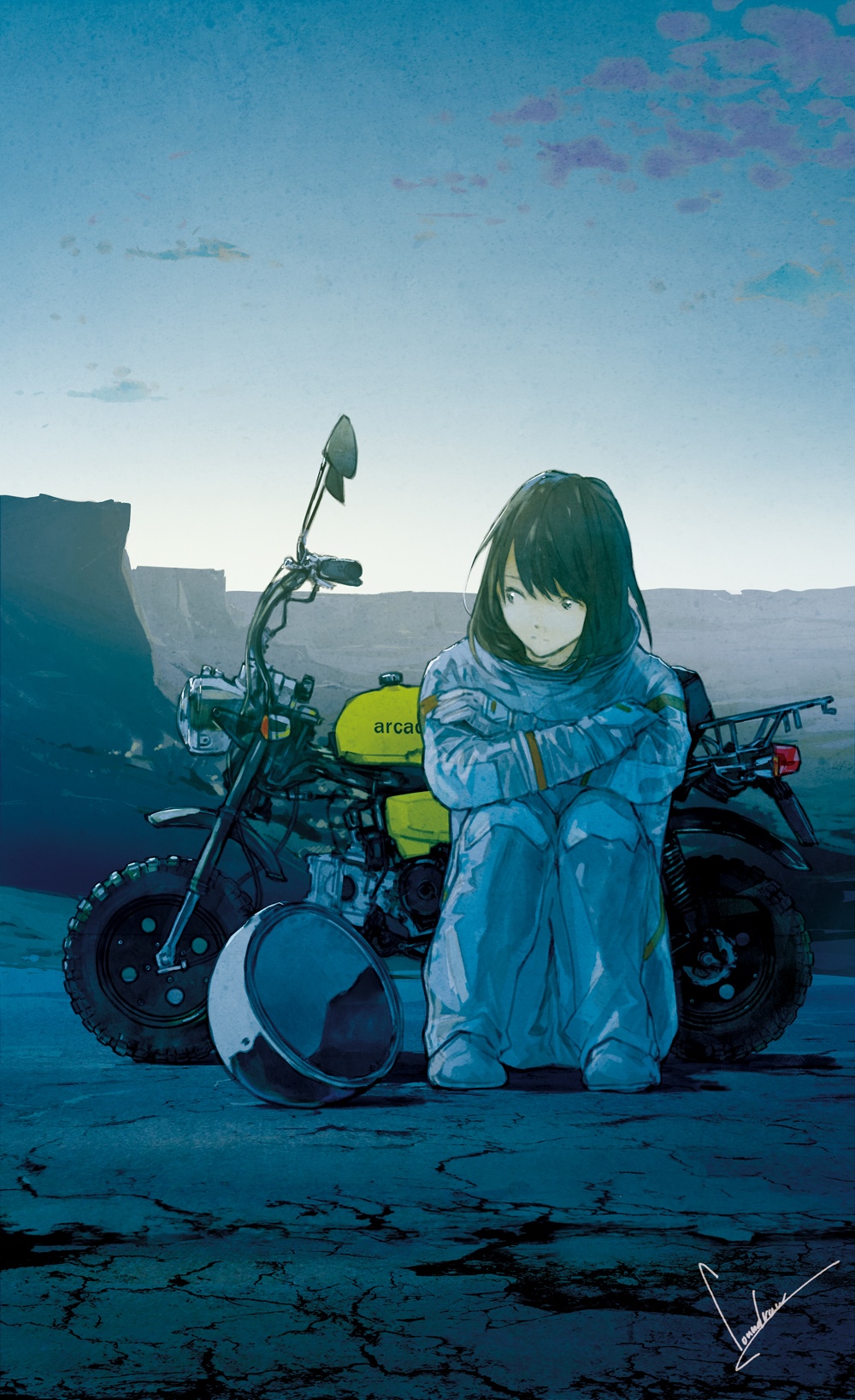 Girl in astronaut suit with motorcycle in desert HD Phone Wallpaper