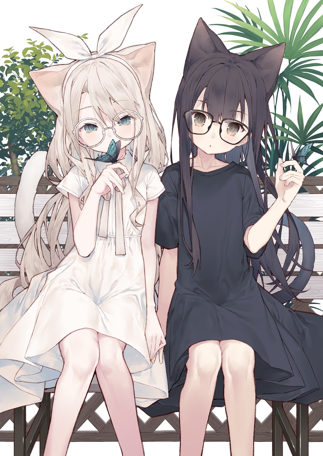 Two cat girls with glasses and butterflies HD Phone Wallpaper