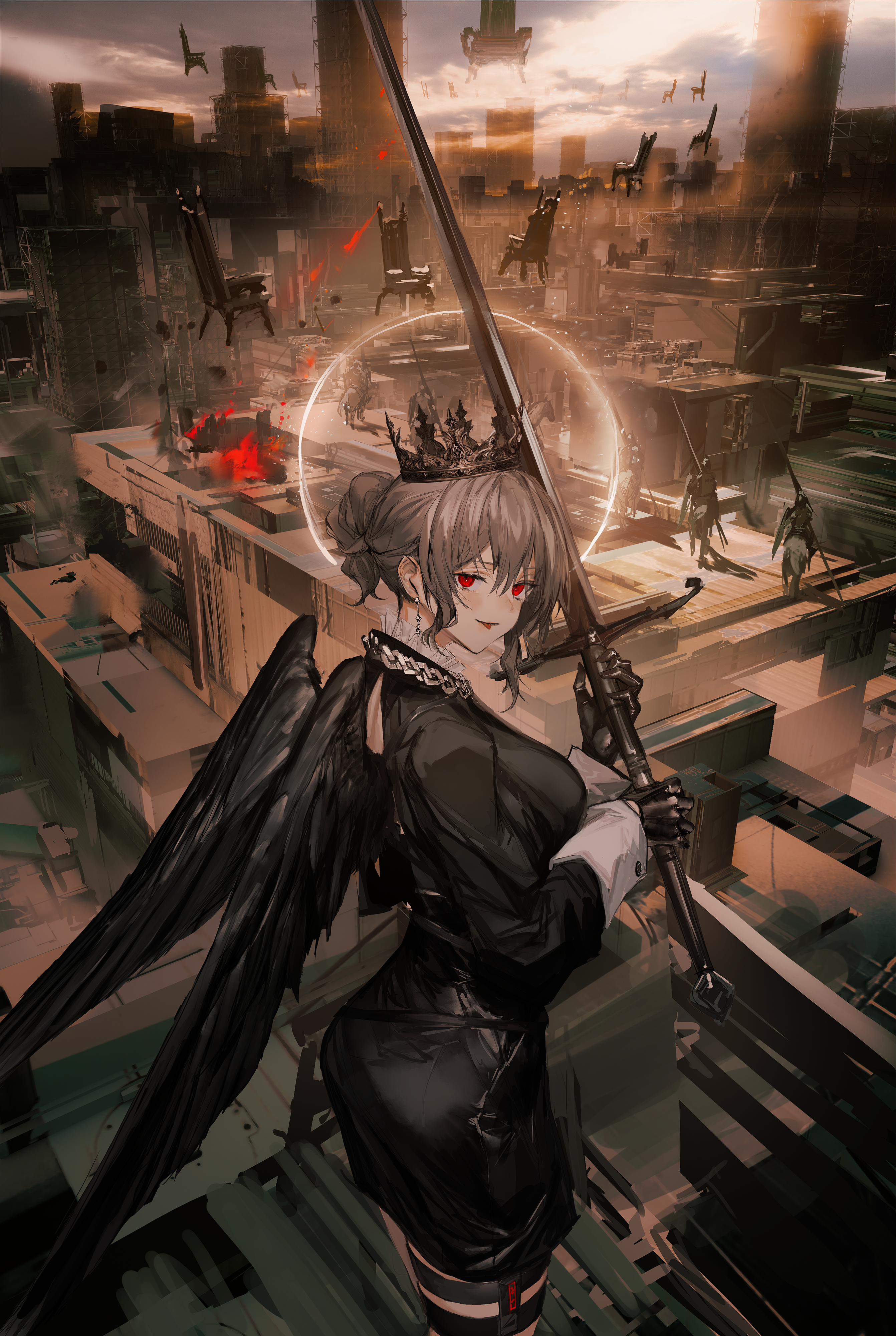 Artwork of a winged woman with a sword and crown HD Phone Wallpaper