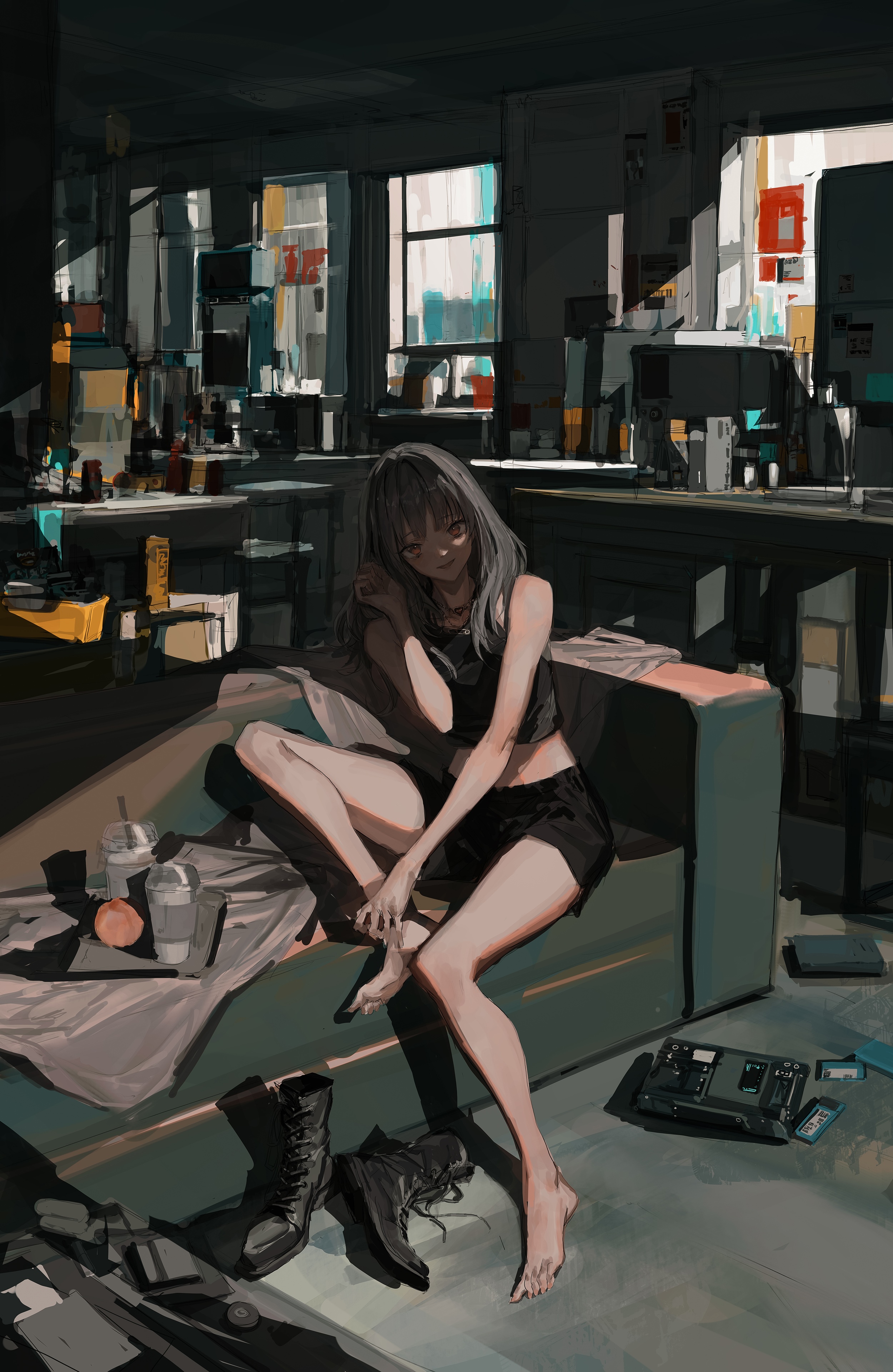 Original character sitting on a couch in a room HD Phone Wallpaper