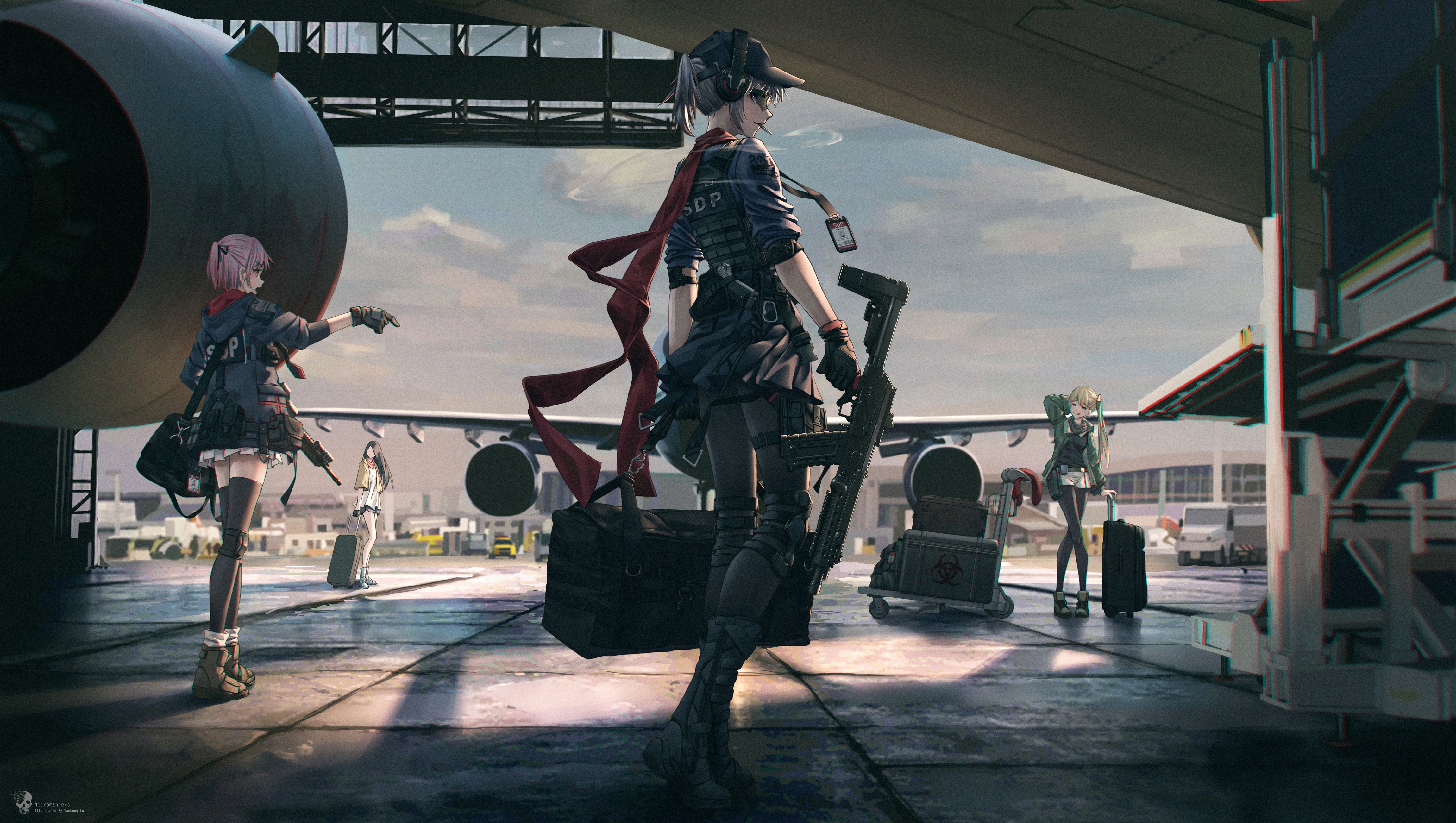 Girls with guns and luggage at airport HD Wallpaper