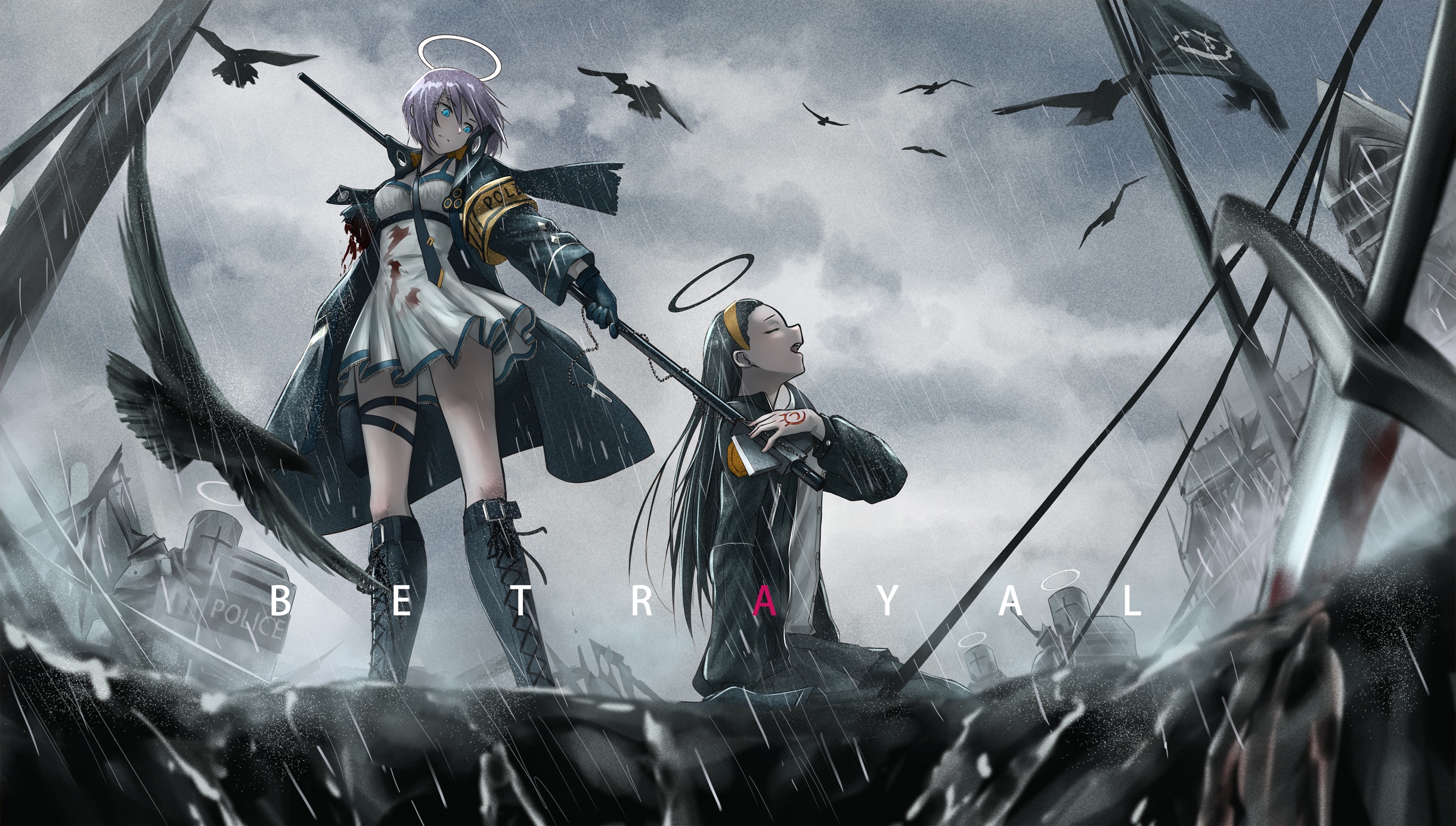 Anime girls with halos in the rain with birds HD Wallpaper