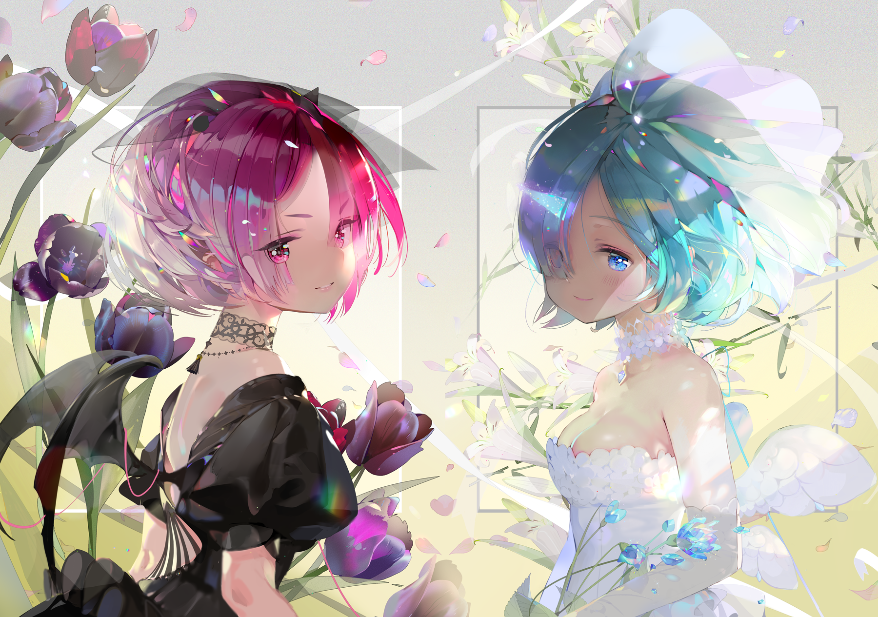 Rem and Ram from Re:Zero with flowers HD Wallpaper