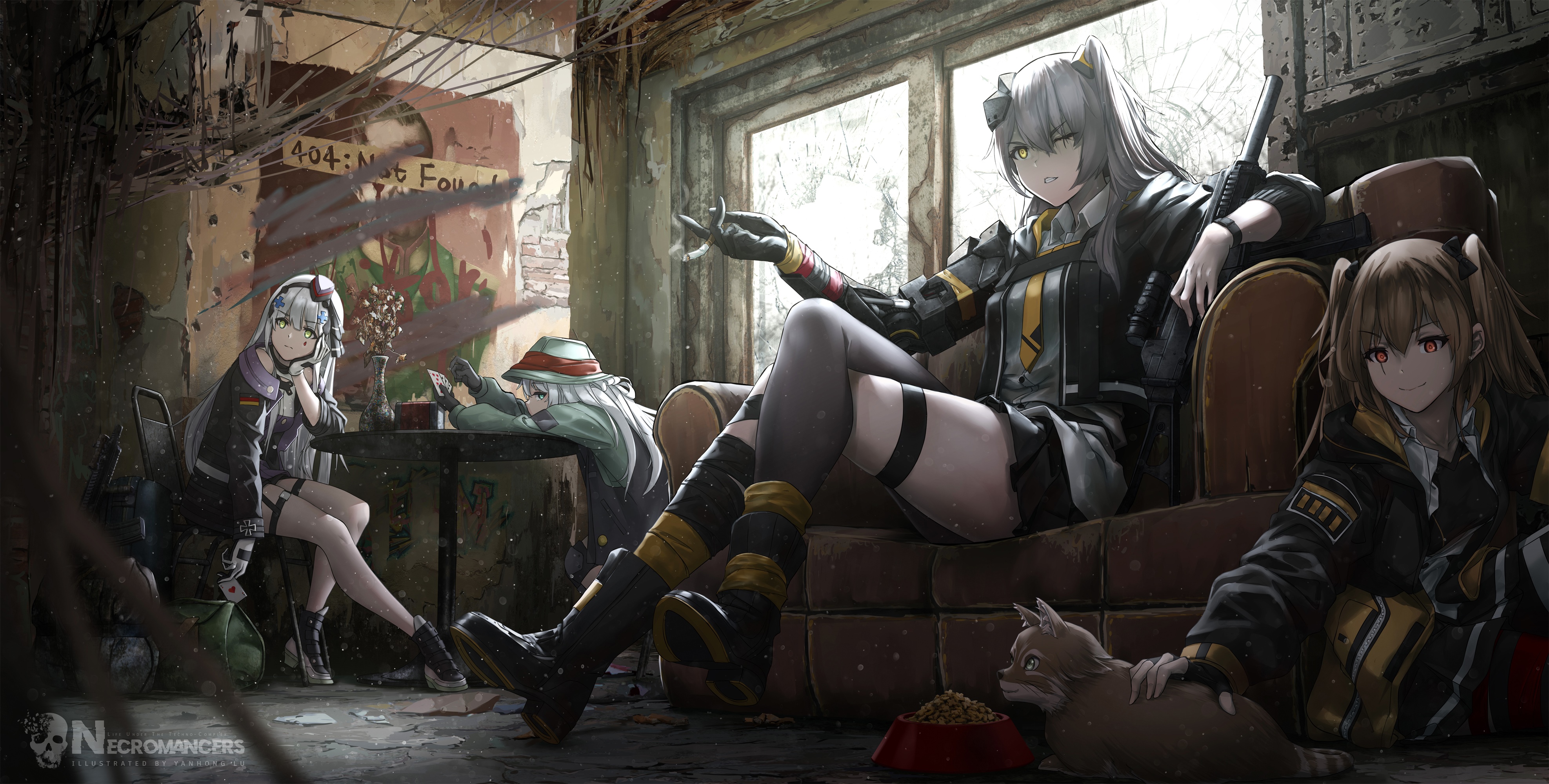 Girls Frontline characters in a ruined building with cats HD Wallpaper