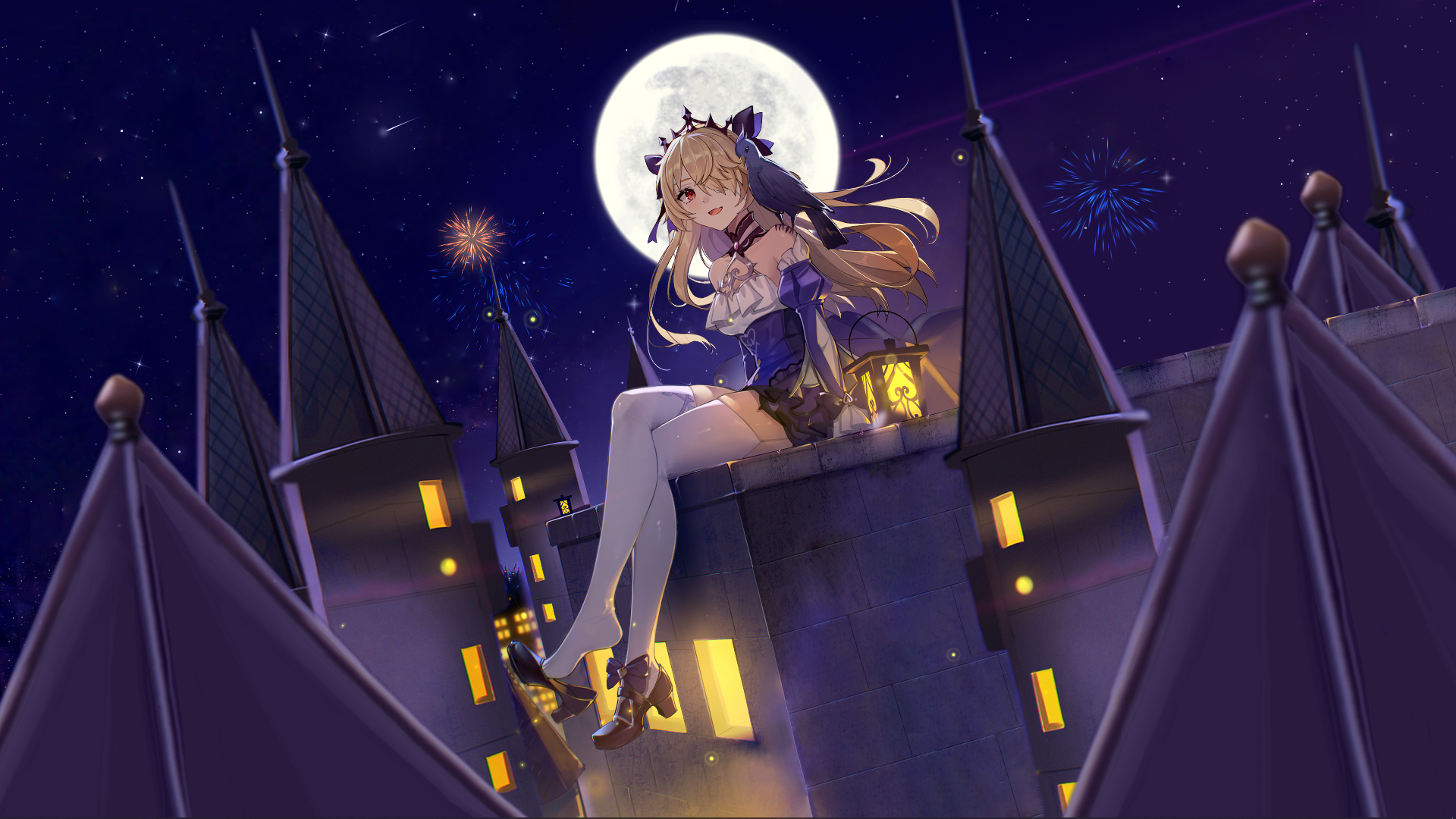 Fischl from Genshin Impact on a castle roof at night HD Wallpaper