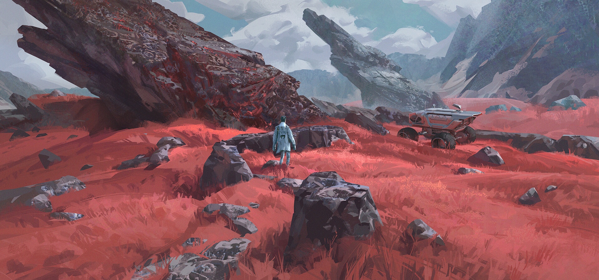 Astronaut and rover on an alien planet HD Wallpaper