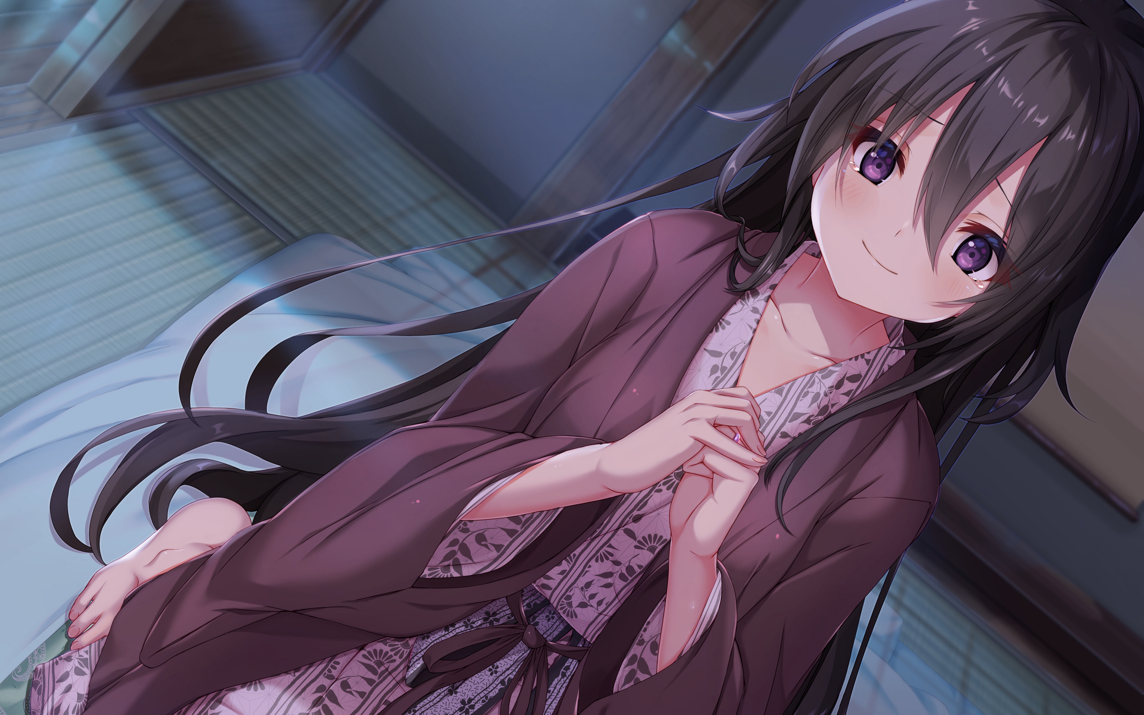 Girl in Yukata with Black Hair and Purple Eyes HD Wallpaper
