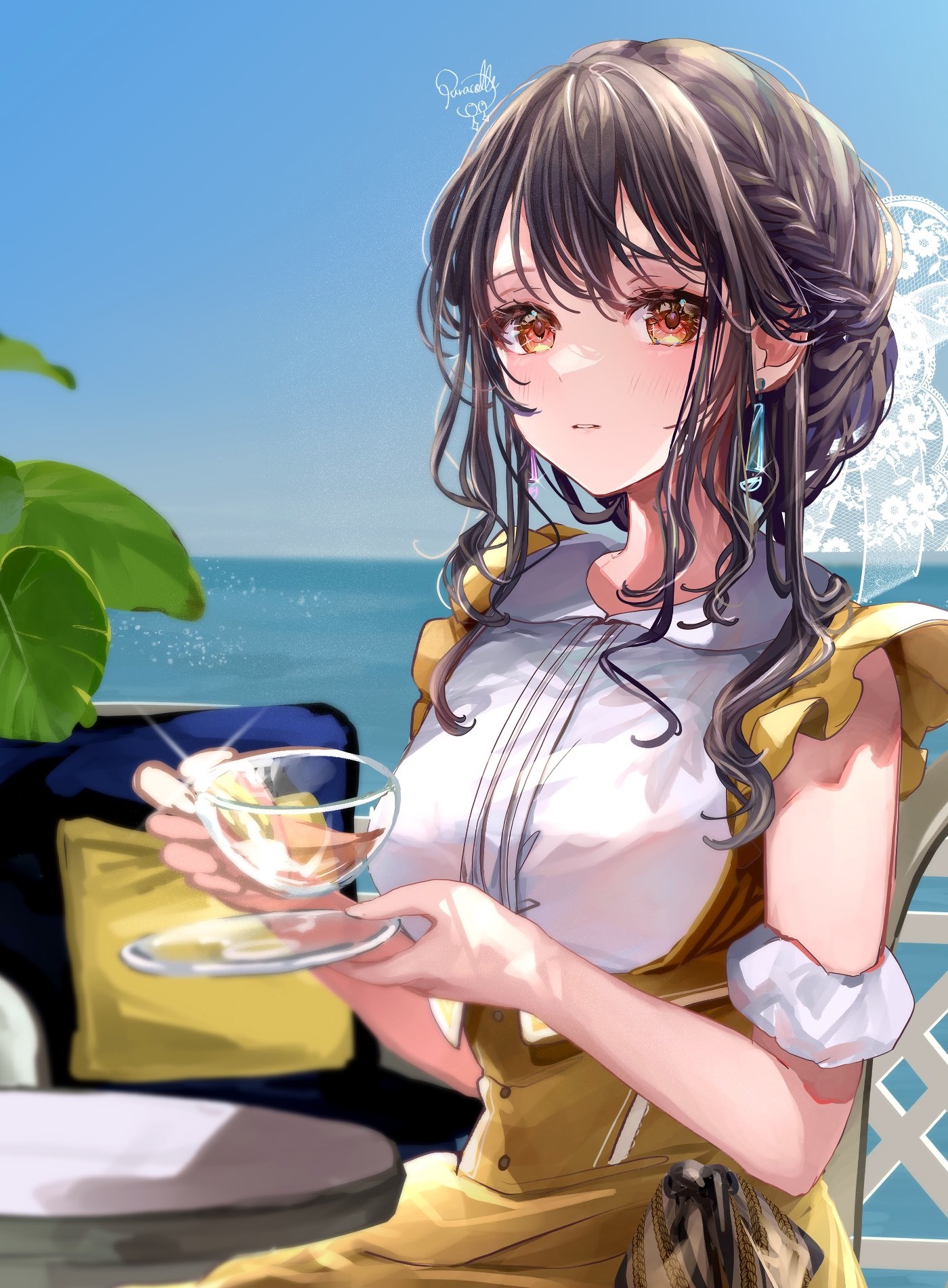 Fan art of a girl drinking tea by the sea HD Phone Wallpaper