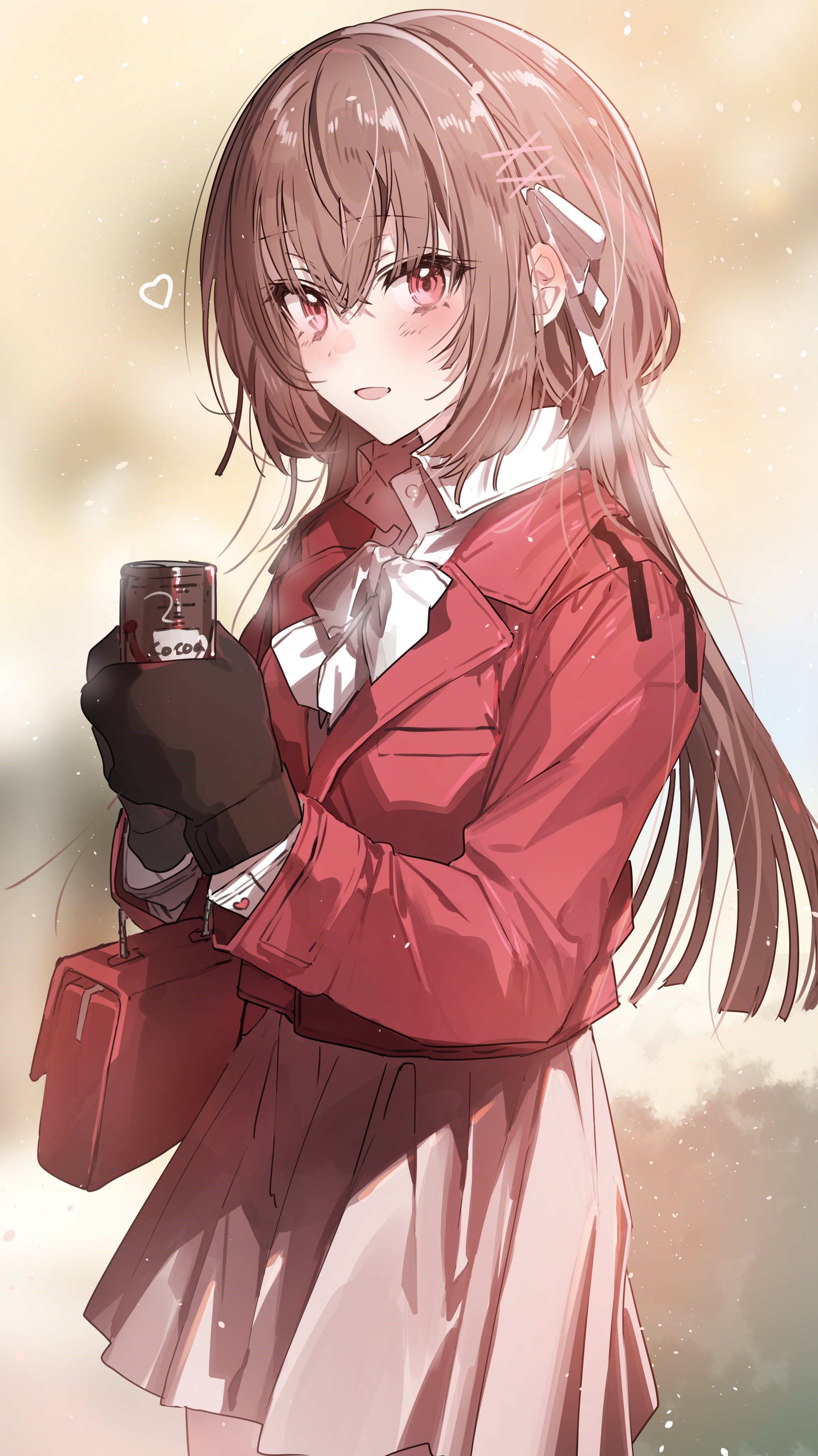 Anime girl in red jacket holding a cup HD Phone Wallpaper