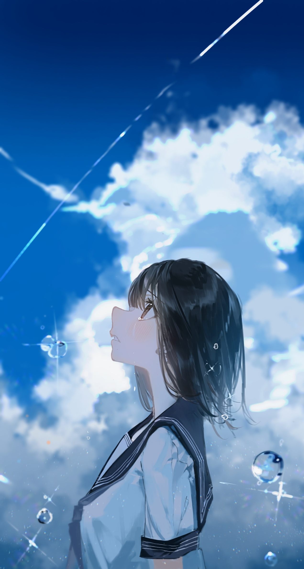 Schoolgirl looking up at the sky with clouds HD Phone Wallpaper