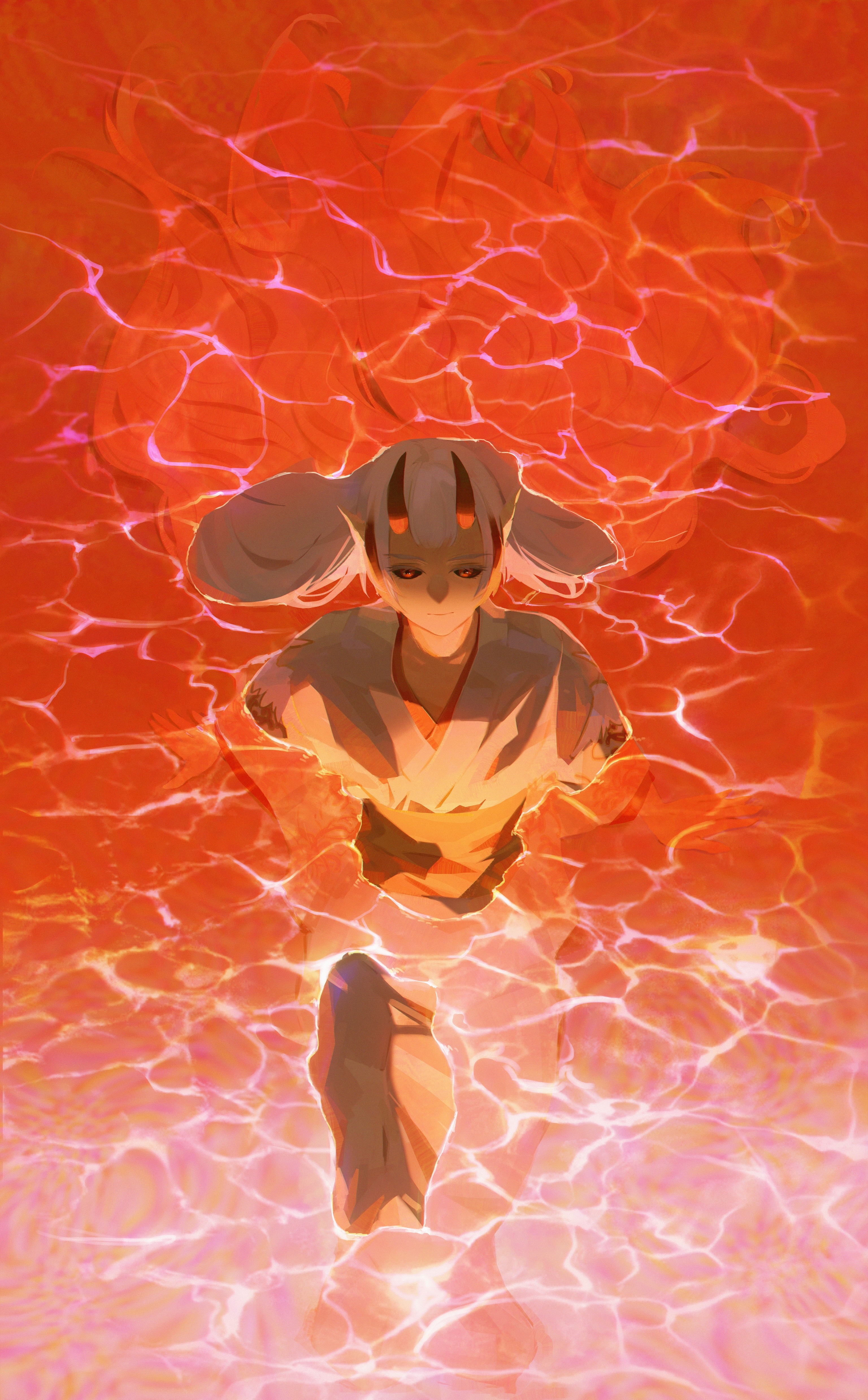 Girl with horns in red water HD Phone Wallpaper