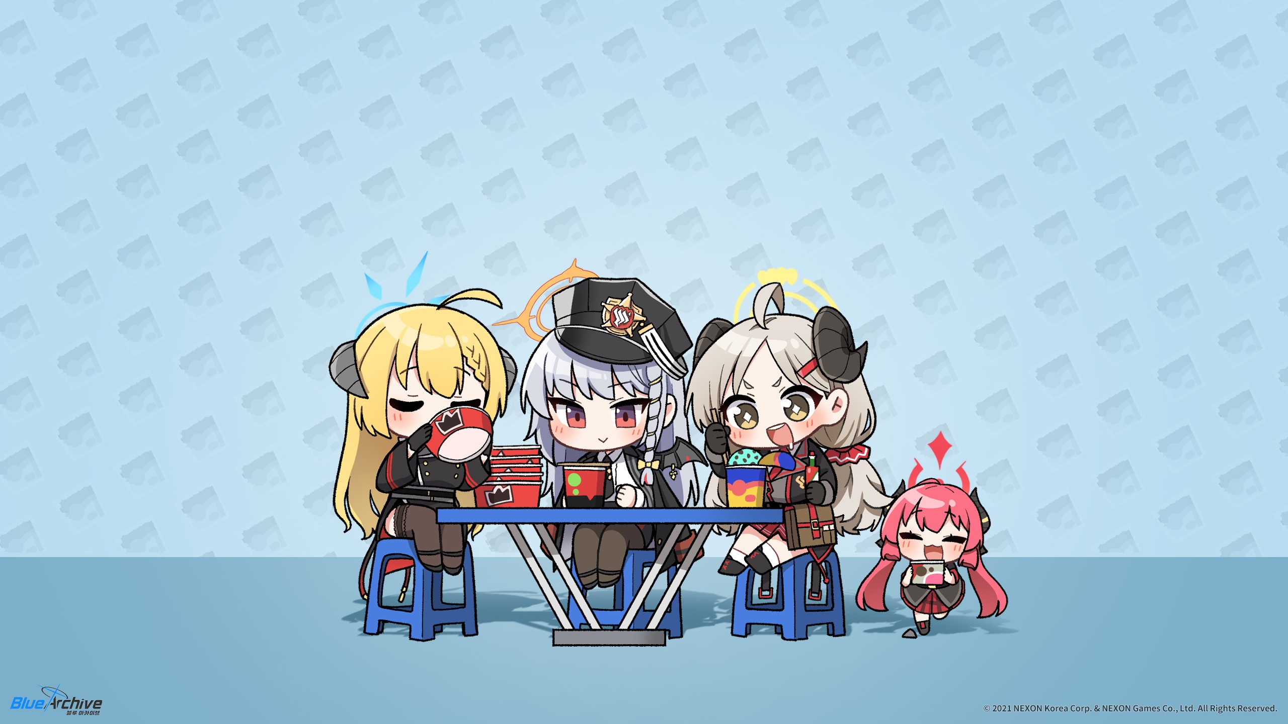 Blue Archive Characters Enjoying Snacks at a Table HD Wallpaper