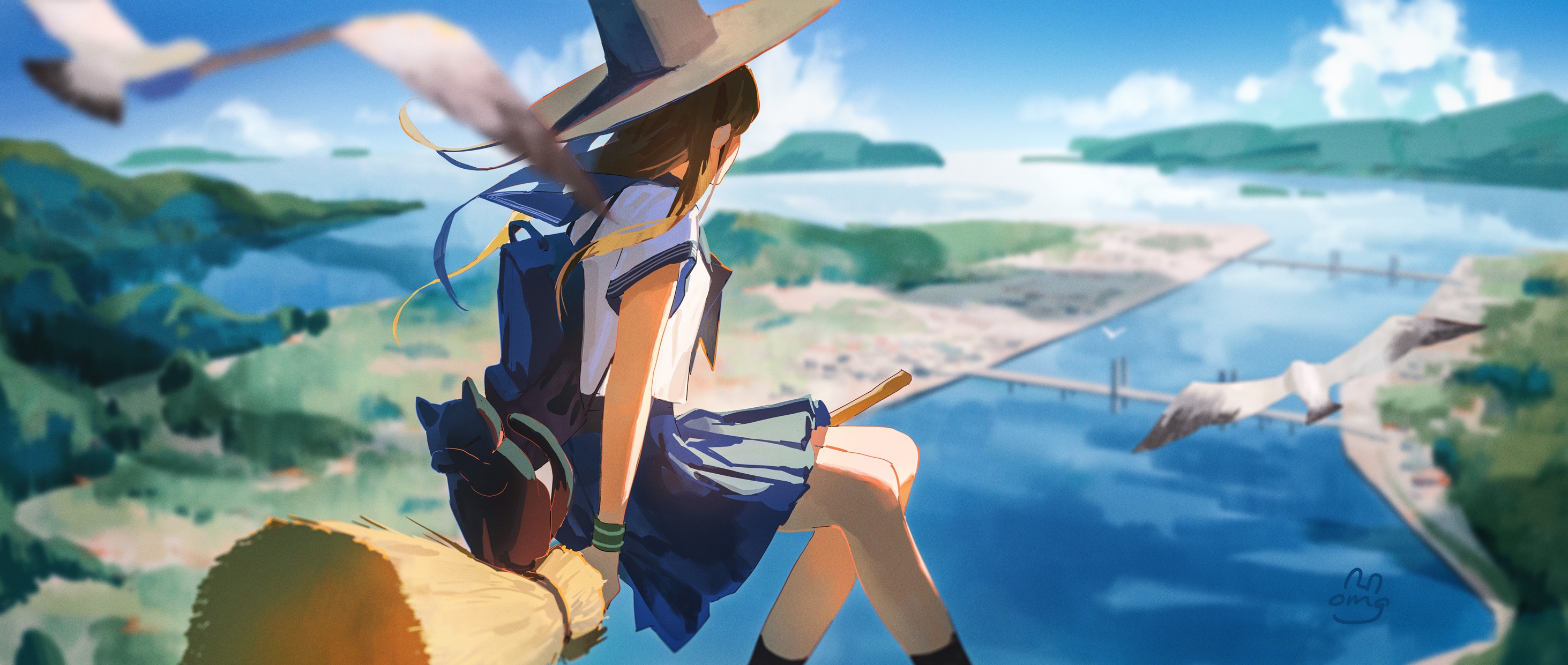 Anime witch girl with cat flying on broomstick over water HD Wallpaper