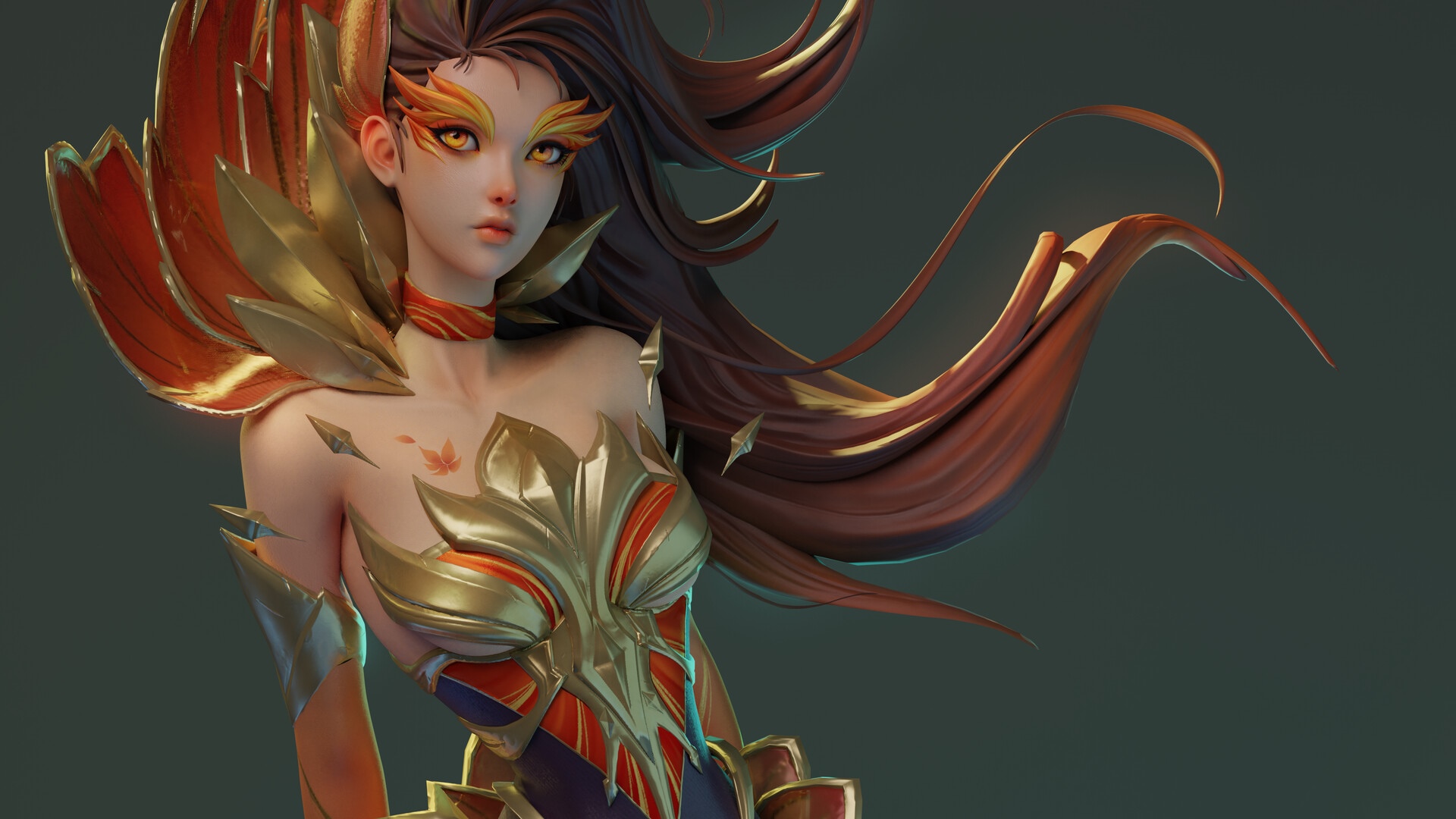 Fantasy girl with yellow eyes and fiery armor HD Wallpaper
