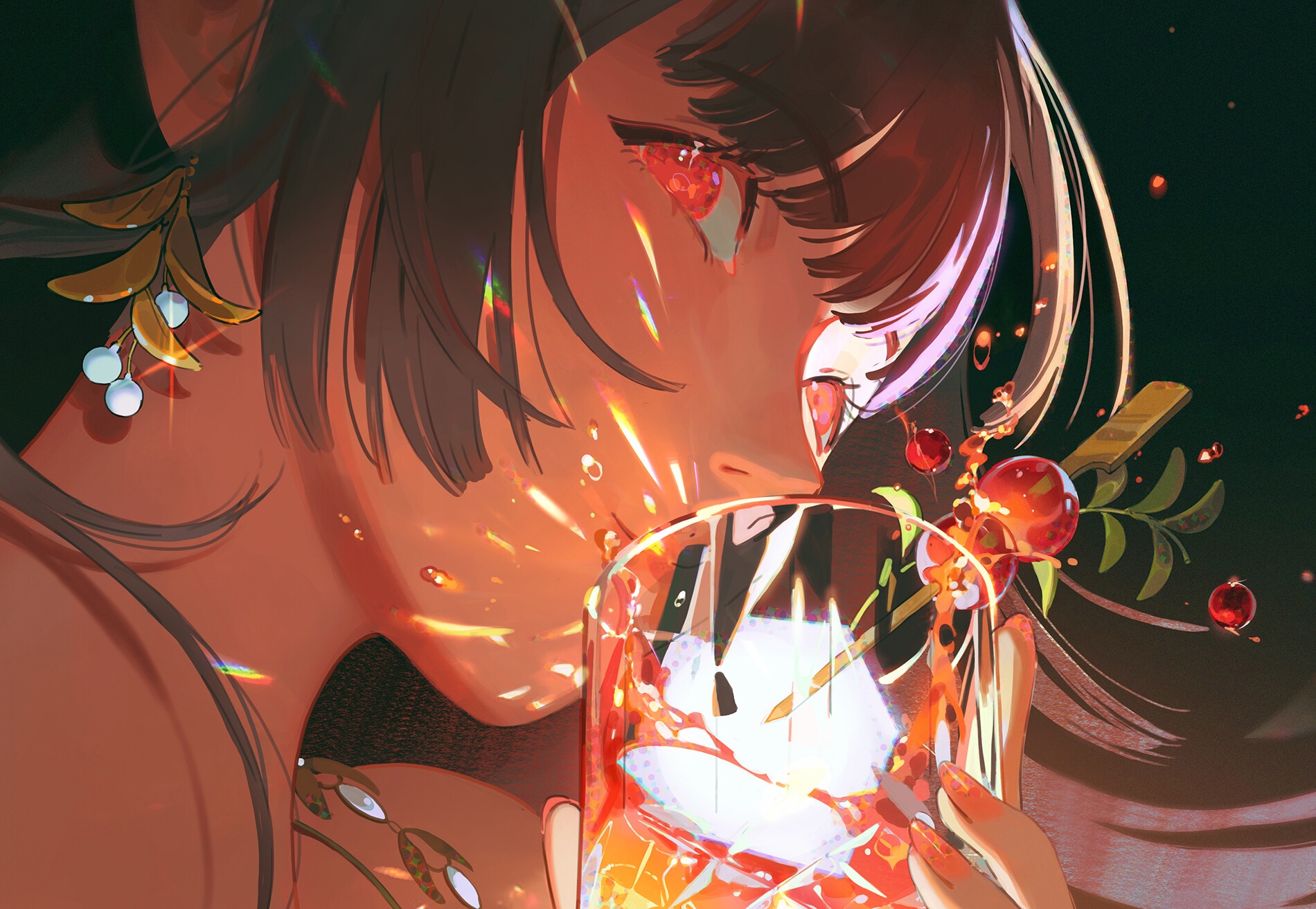 Woman with red eyes drinking from a glass HD Wallpaper