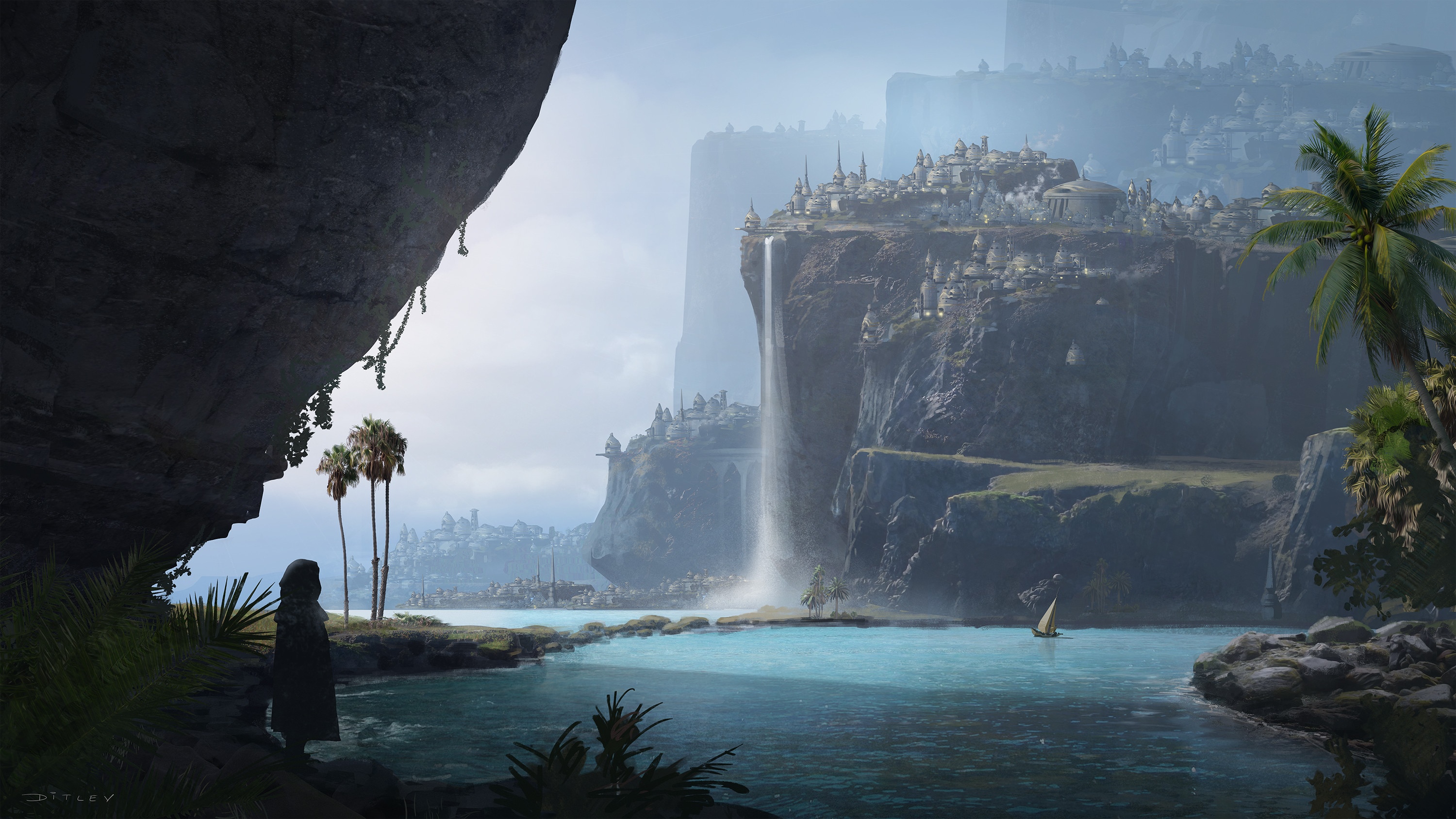 Fantasy city with waterfalls and a lone figure HD Wallpaper