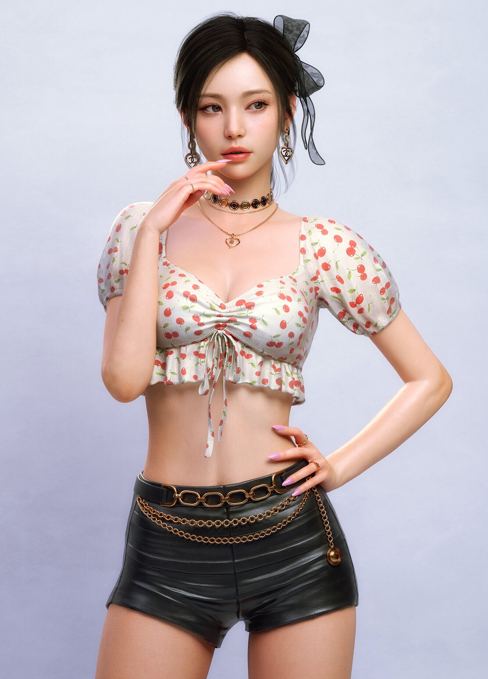 Asian woman with cherry print top and black shorts HD Phone Wallpaper