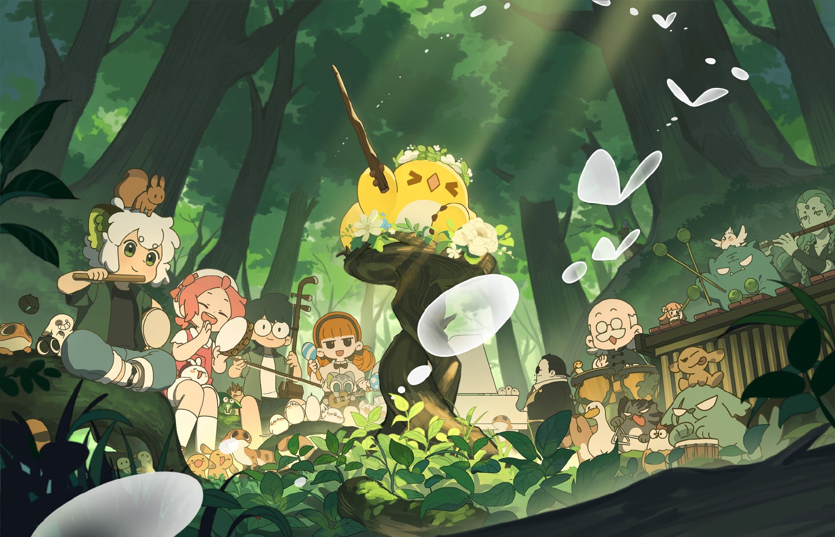 Anime characters playing music in a forest HD Wallpaper