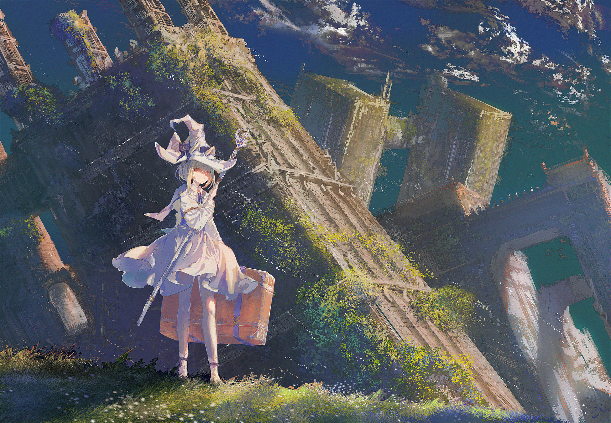 Chi MaoMao in a witch hat with a suitcase near ruins HD Wallpaper
