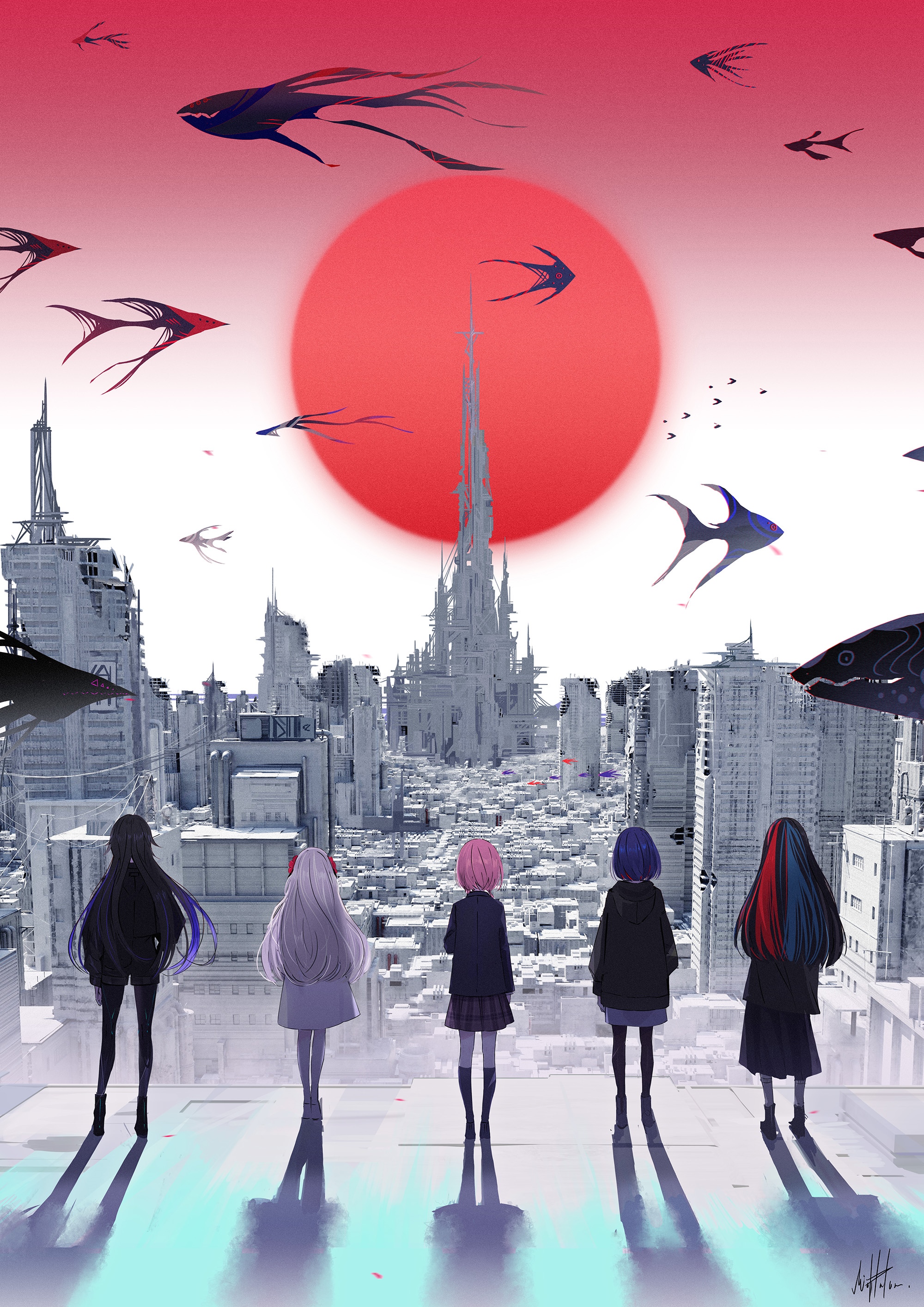 Virtual Witch Phenomenon: Five girls gaze at a futuristic city and flying creatures HD Phone Wallpaper