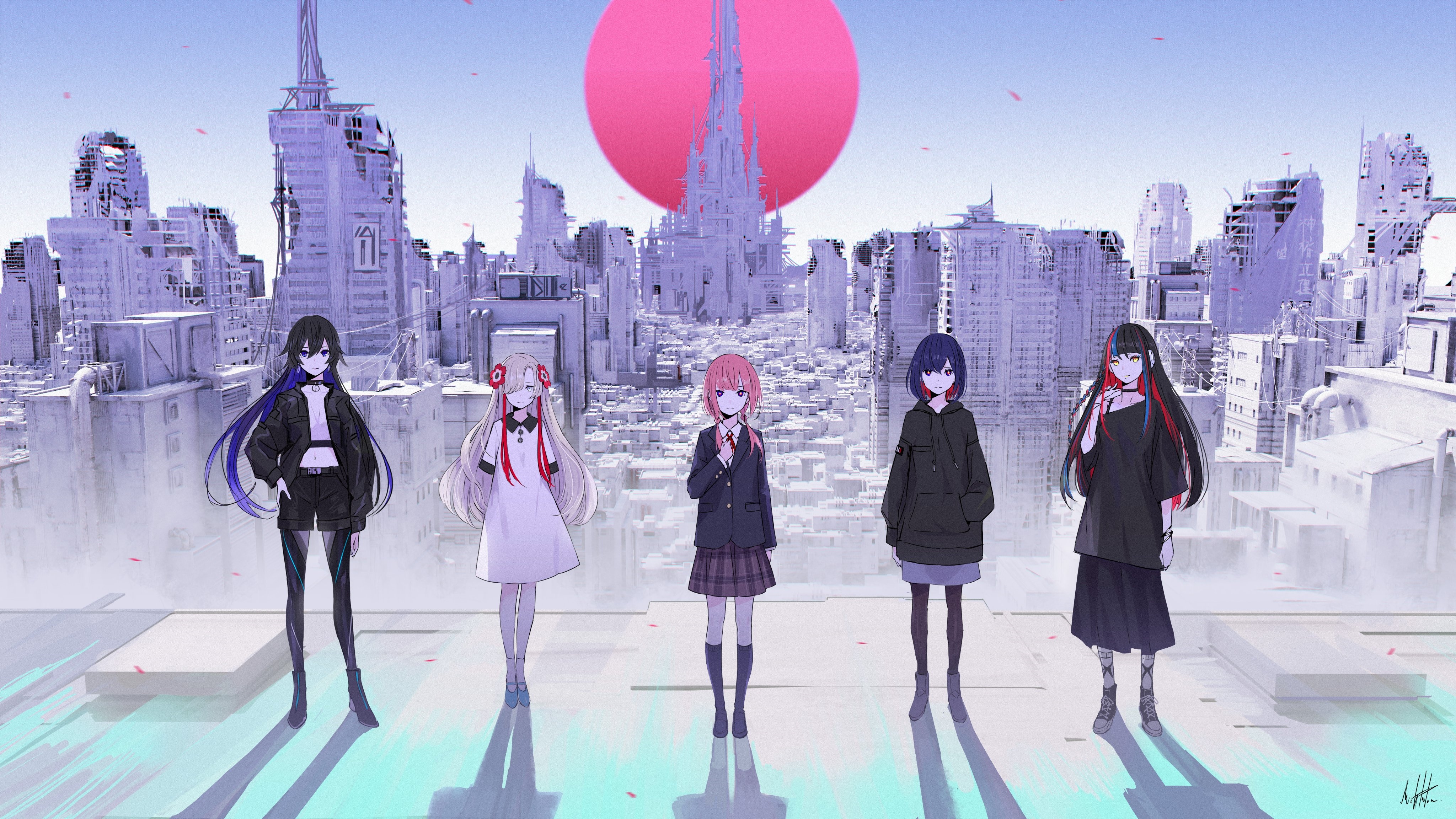 Virtual Witch Phenomenon characters in ruined city HD Wallpaper