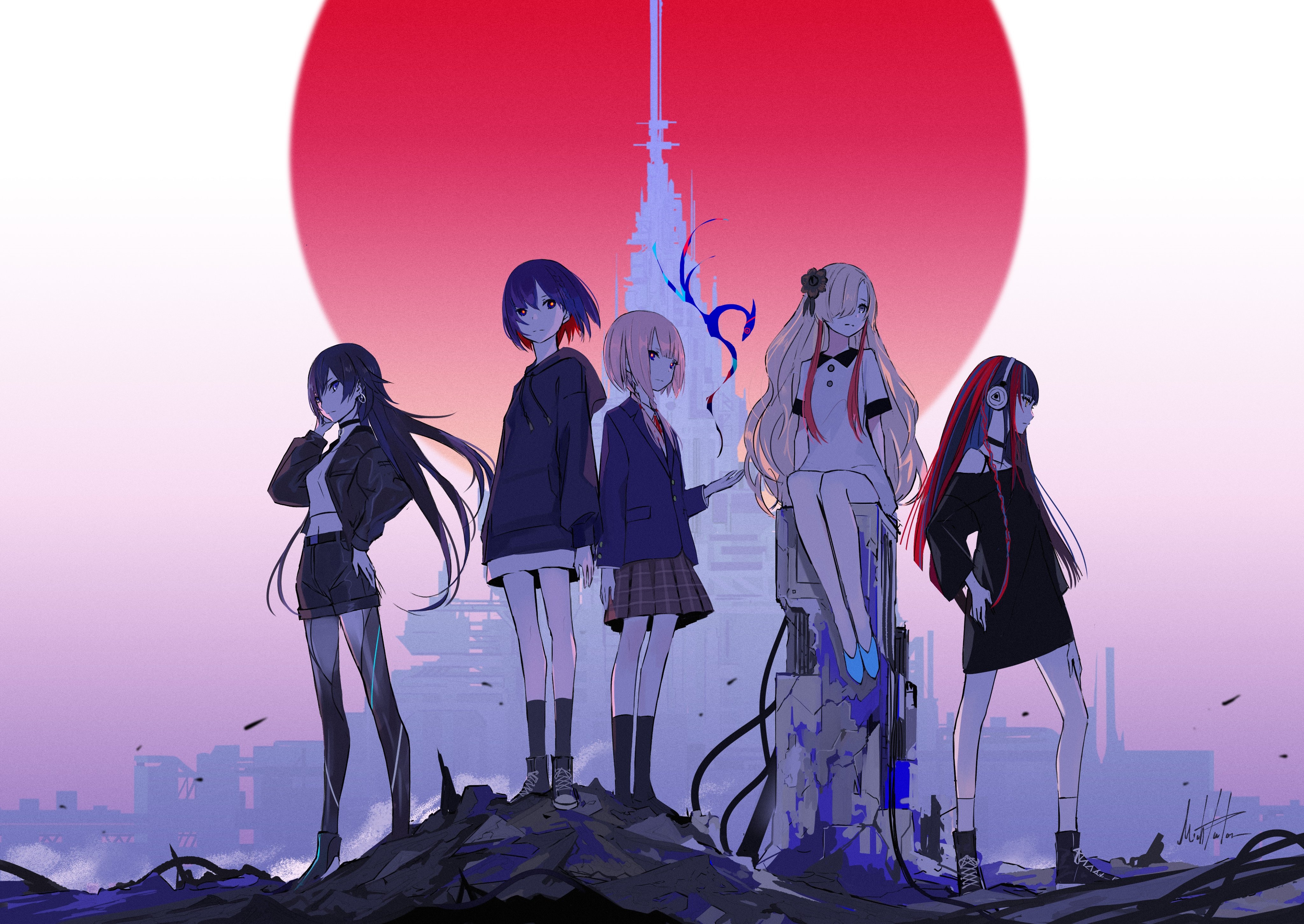 Virtual Youtuber KAF and friends in front of a tower HD Wallpaper