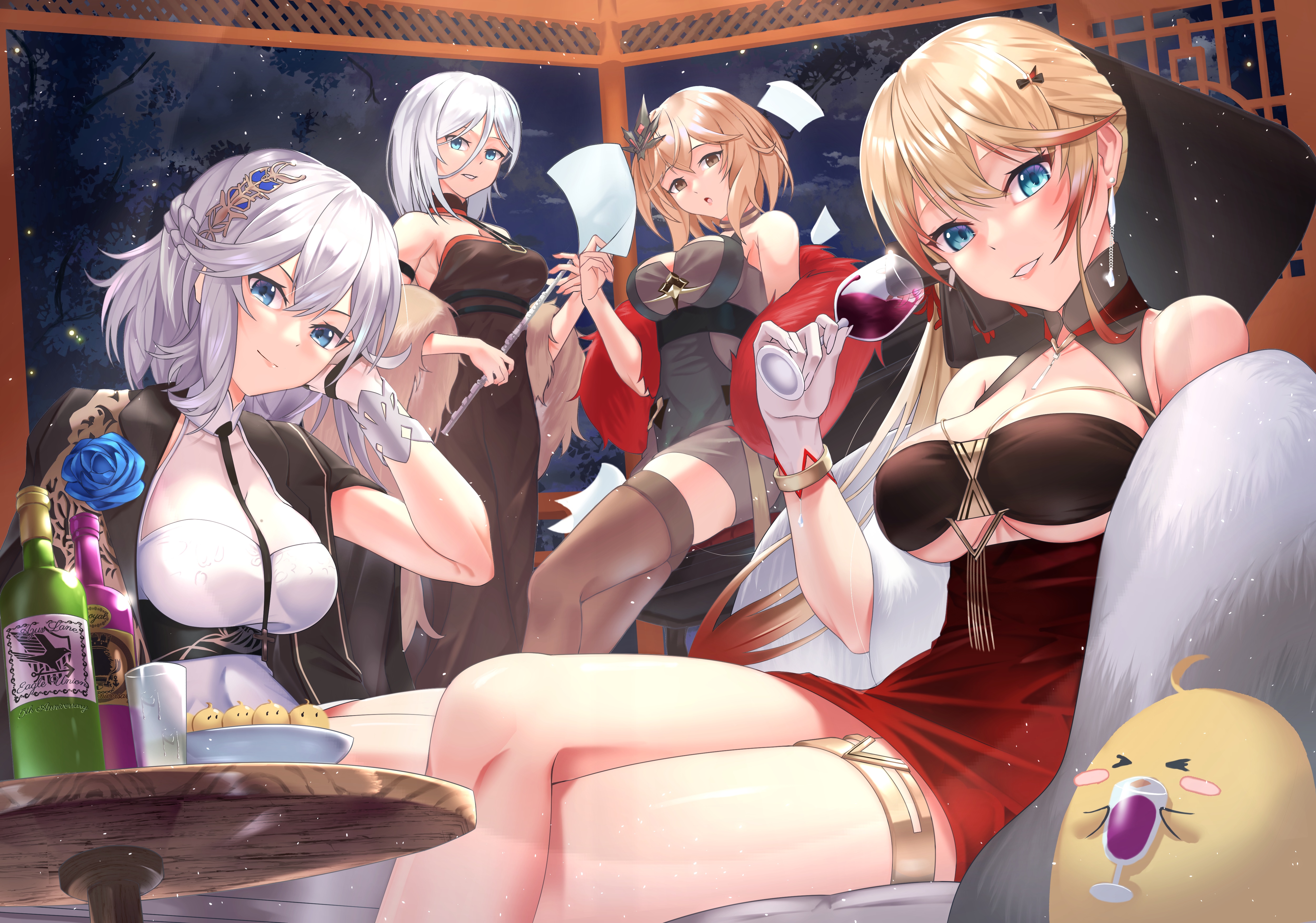 Azur Lane characters Washington, Tirpitz, Howe, and Roon with wine HD Wallpaper